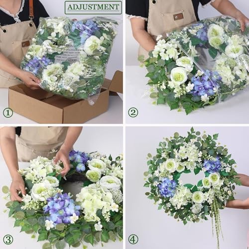 26″ Hydrangea & Eucalyptus Wreath for Front Door, Porch, Window – Large