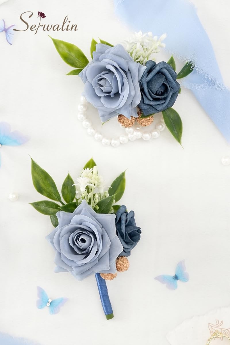 Dusty Blue Rose Prom Wrist Corsage Boutonniere Set Wedding Flowers 2 PCS