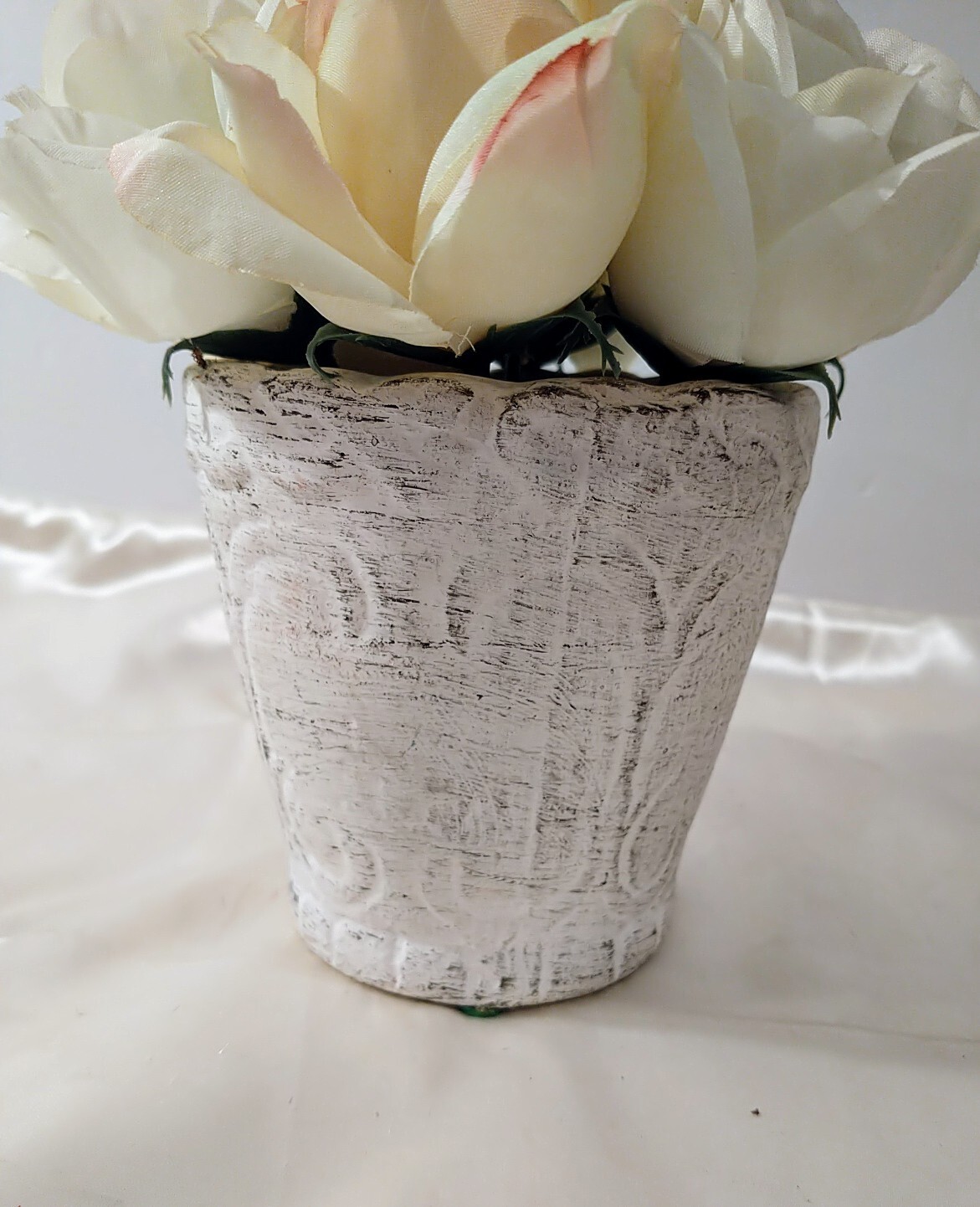 Roses Pottery Pot White & Pink Flowers Artificial Shabby Chic Decor 8″ x 7″