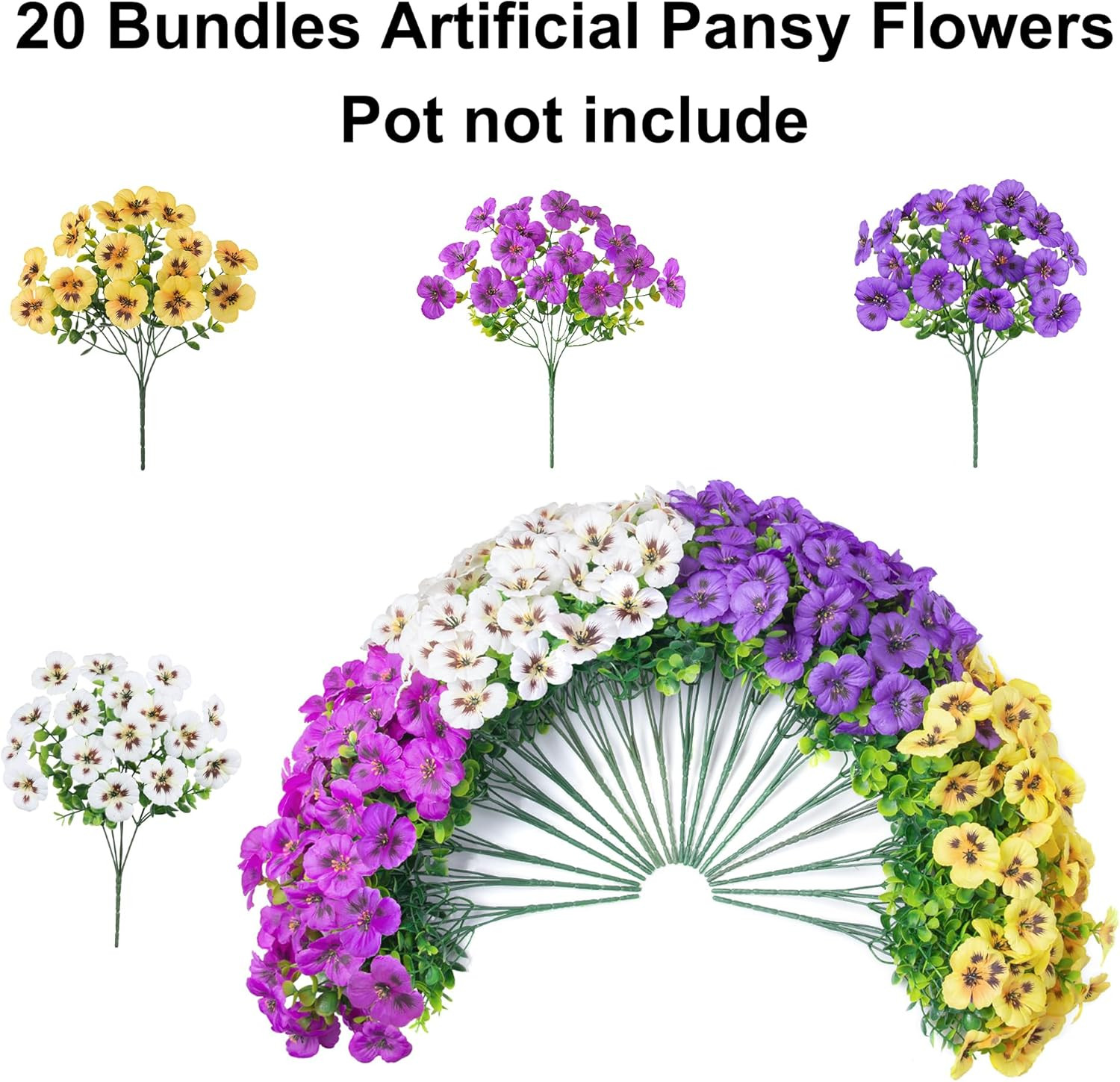 20PCS Fake Artificial Pansy Flowers for Outdoors Spring Decor, Faux Silk Pansies