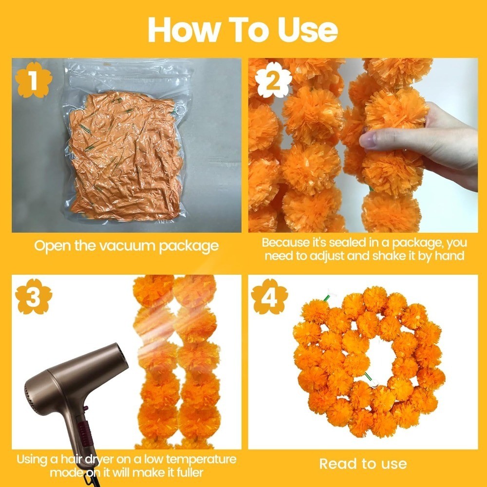 Artificial Marigold Garland 5 Feet Orange for Decoration Indian Pooja Diwali