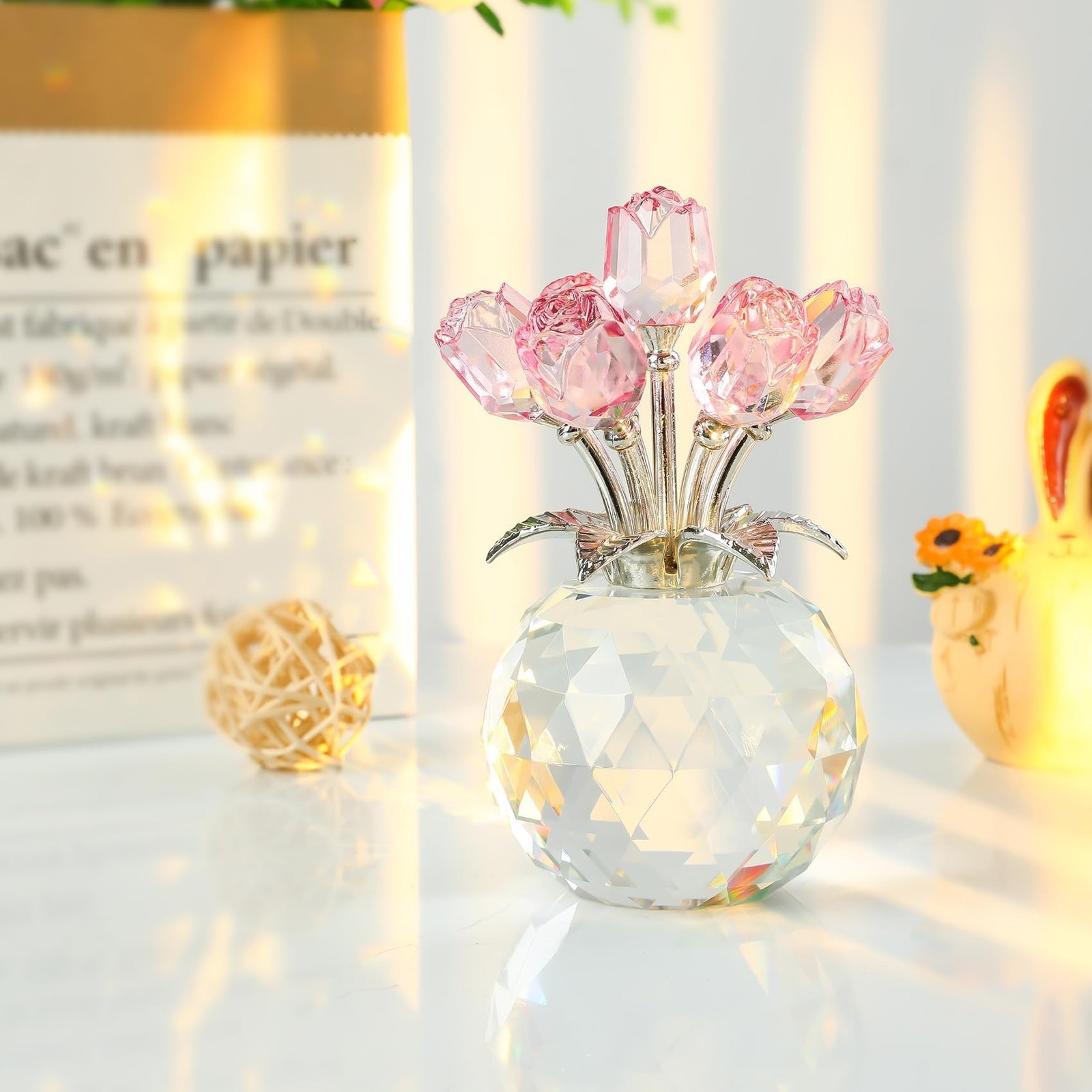 Crystal Rose Bouquet Flower Figurine – Pink Rose Gifts for Women, Collectible…