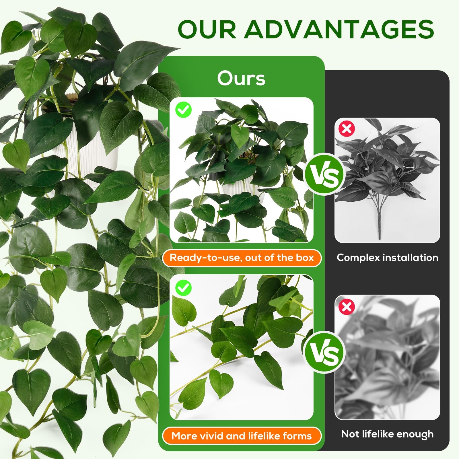 Artificial Indoor Faux Silk Hanging Pothos Fake Plants For Home Decoration