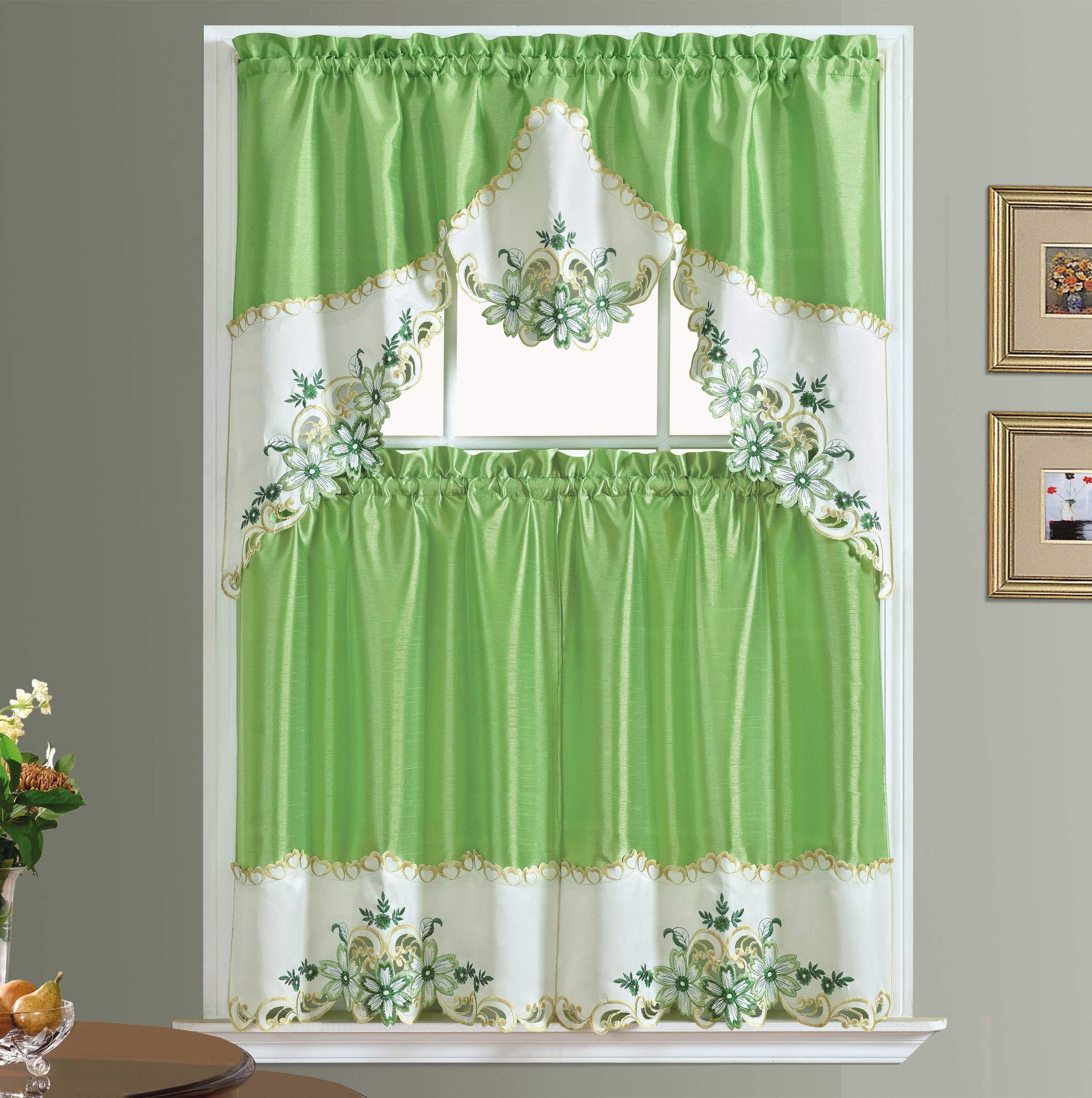 GOHD Arch Floral Kitchen Curtain Set/Swag 57x 35″/ 28x 35″x2pcs, Greenery