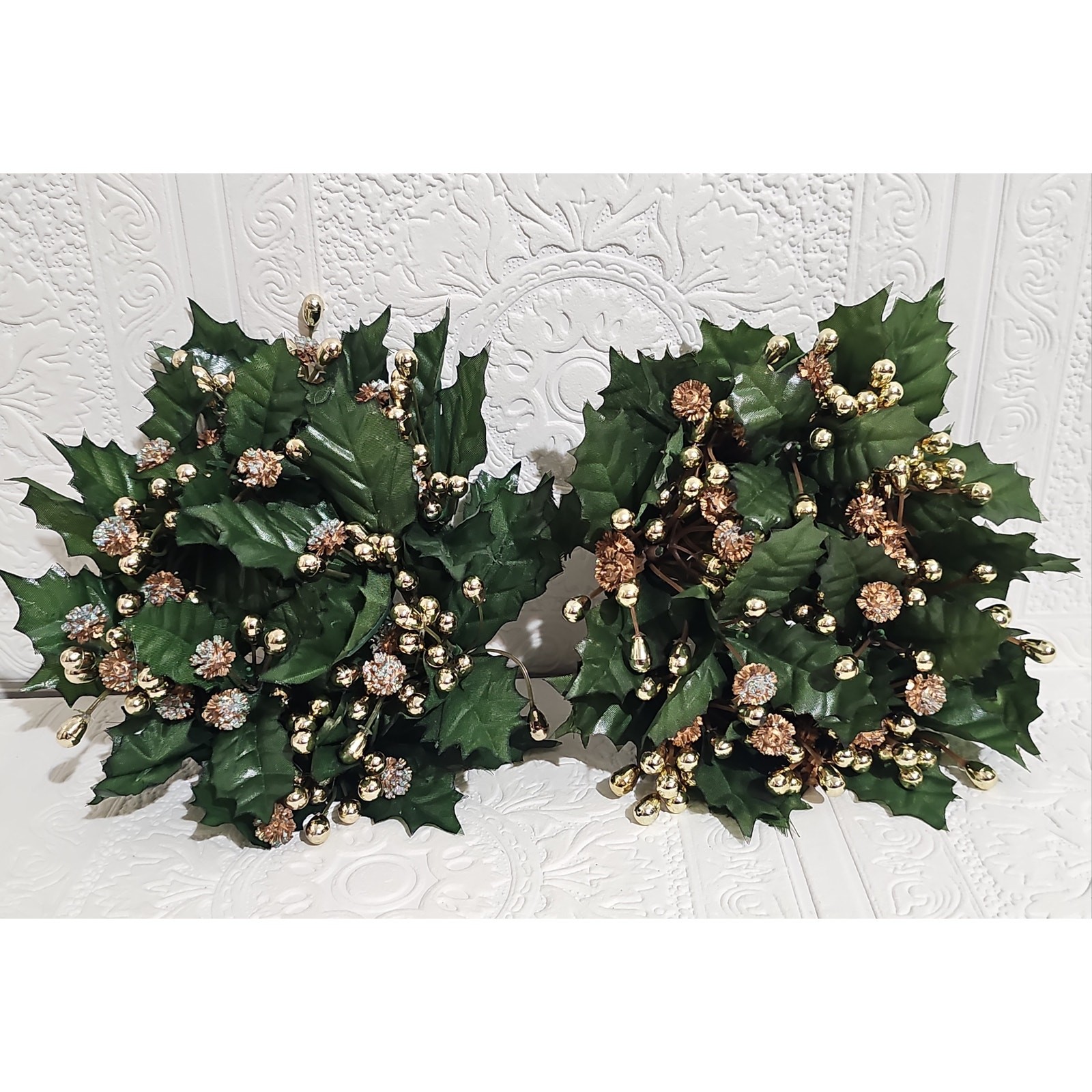 Two Vintage Candle Ring Pillar Wreath Centerpiece Gold Pinheads Holly Christmas