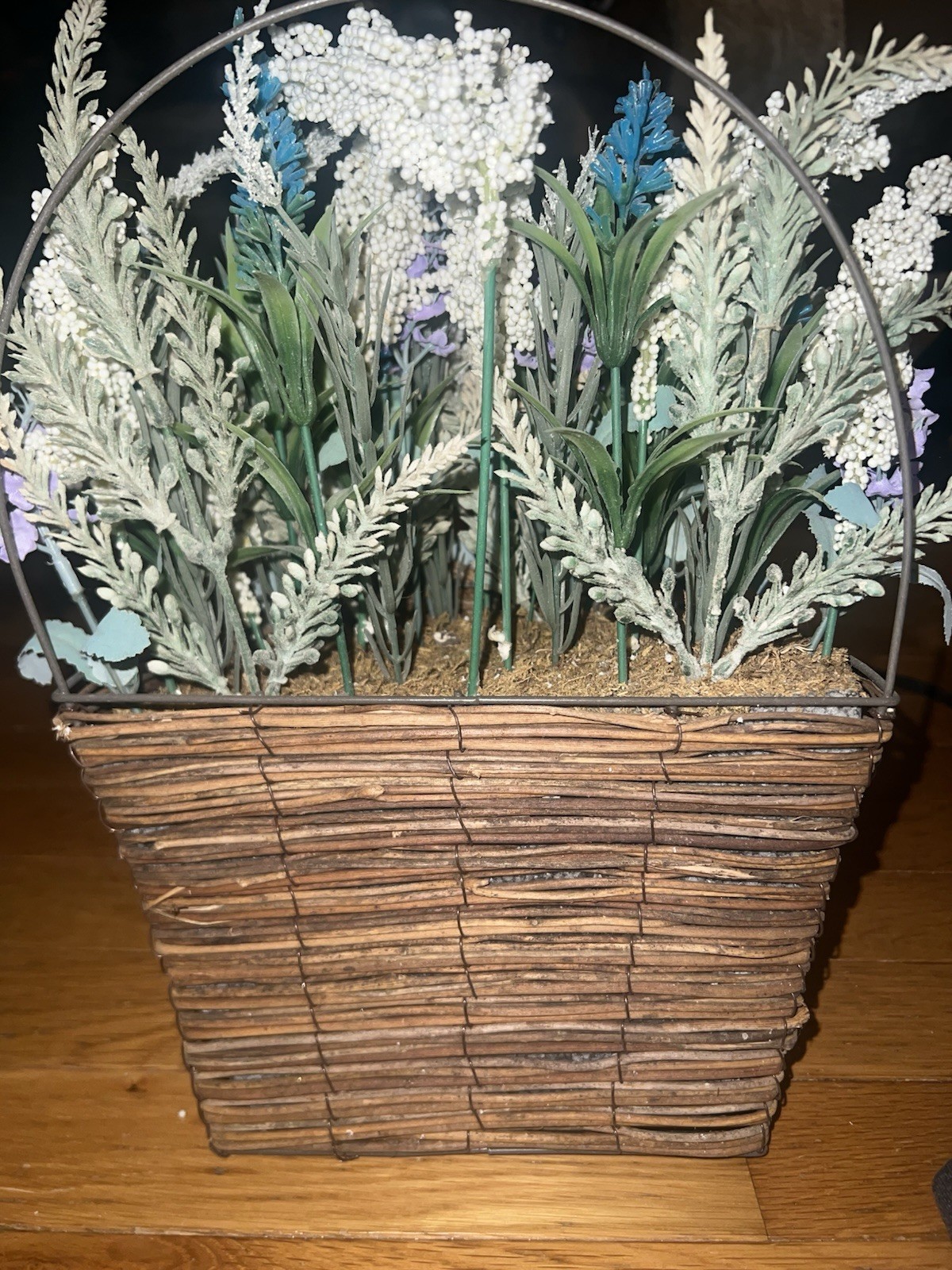 2 Farmhouse Artificial Lavender & Statice Flower Arrangement in Woven Baskets