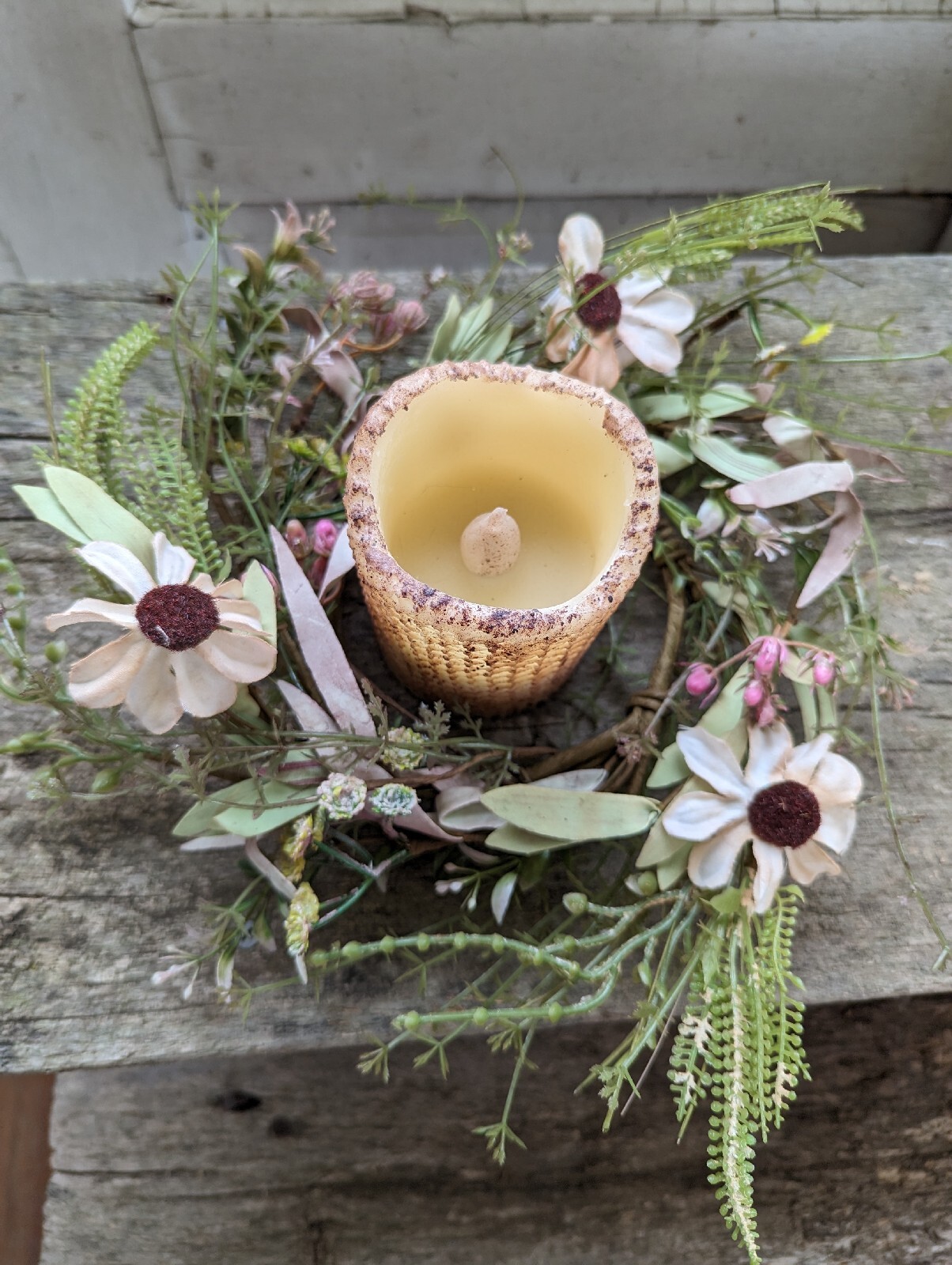 New TEA STAIN DAISY CANDLE RING Floral Grass Wreath 4.5″ Farmhouse Sunflower