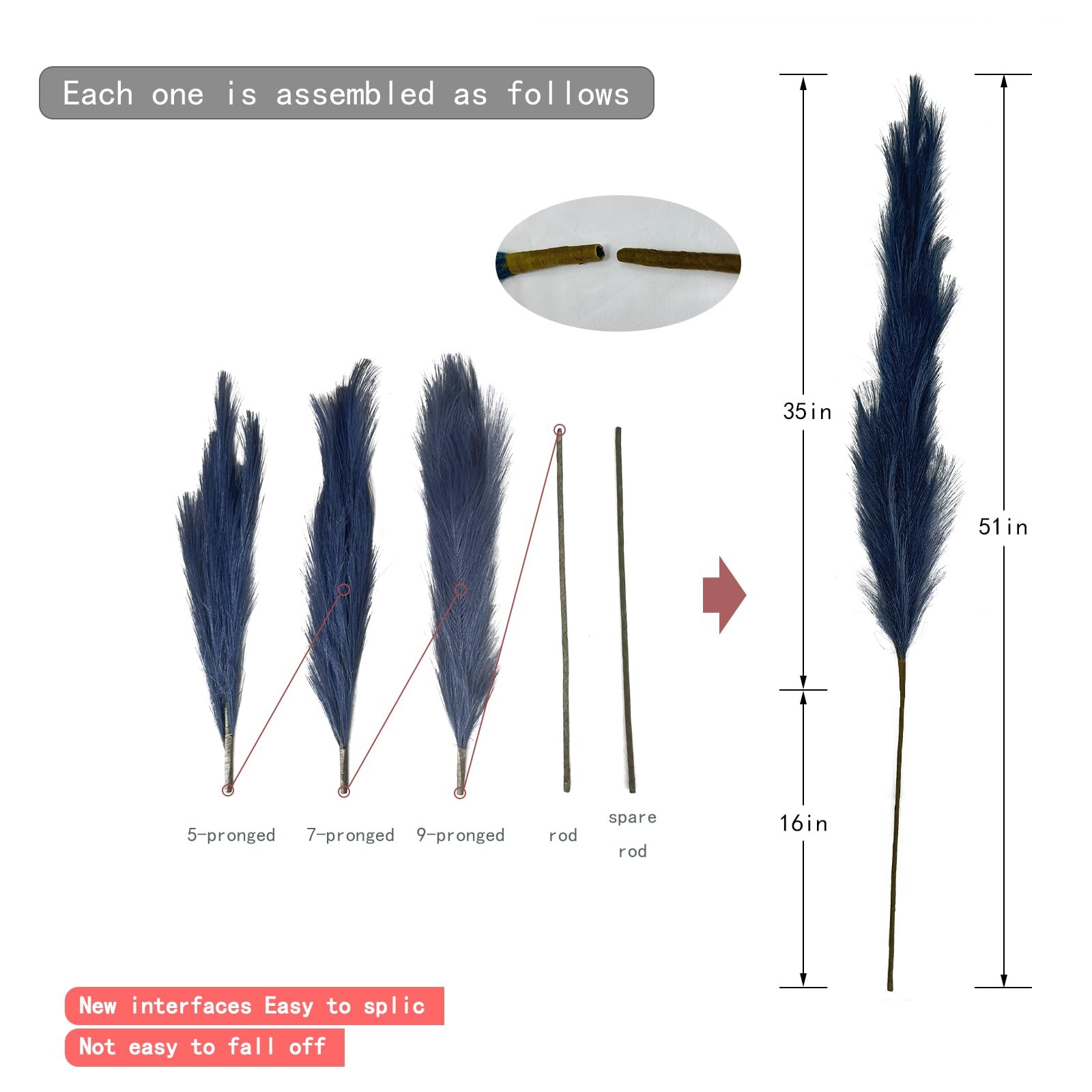 3 PCS Faux Pampas Grass Tall 51 Inch For Floor Vase Fluffy Artificial Blue