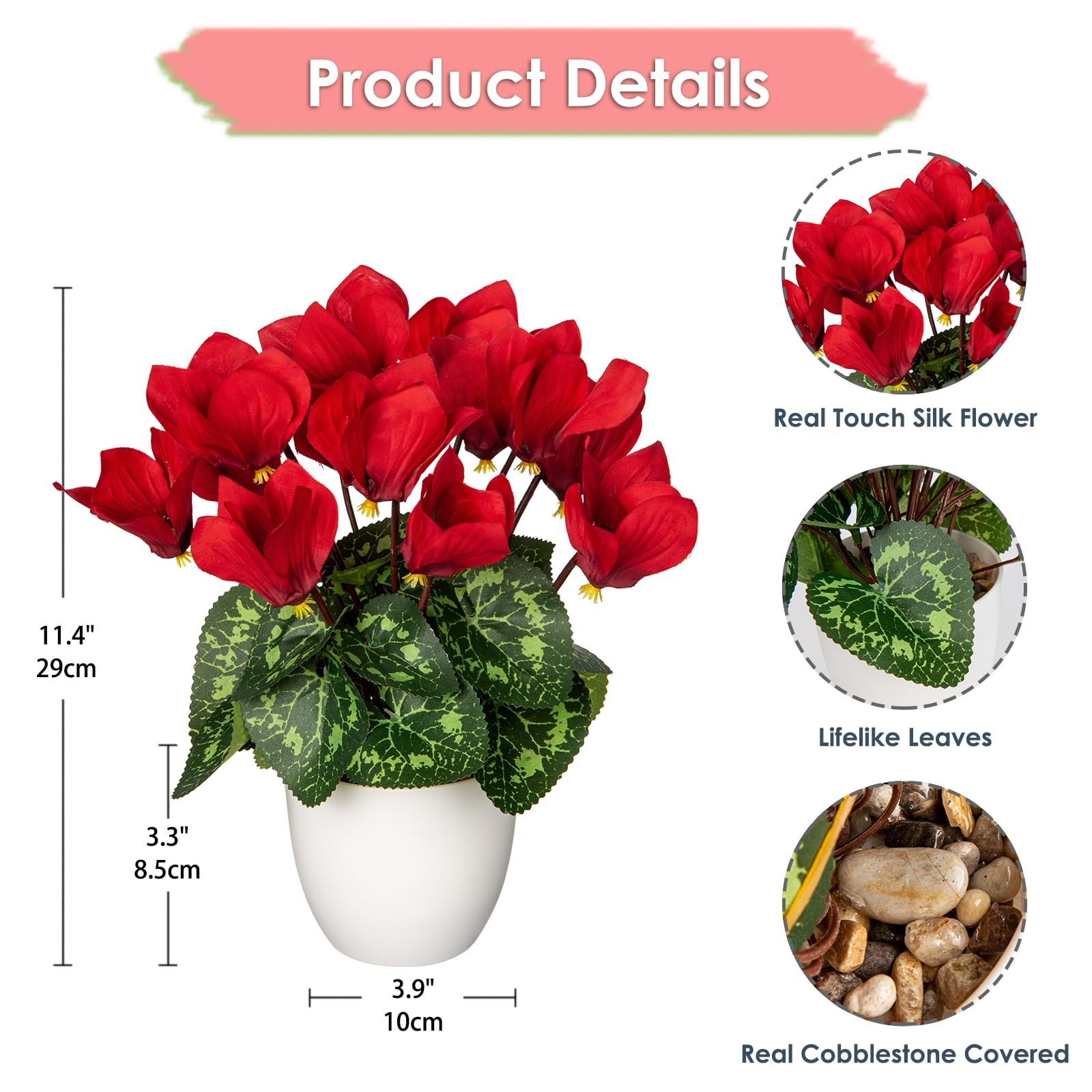 Artificial Red Cyclamen Flowers White Pot Silk Floral Arrangement Decor