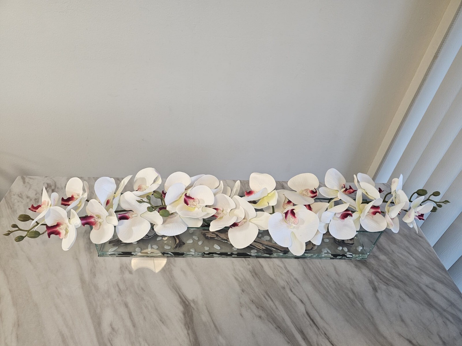 Floral Arrangement, Casa Moderna Glass Plate  W/ Faux White Orchids & Succulents