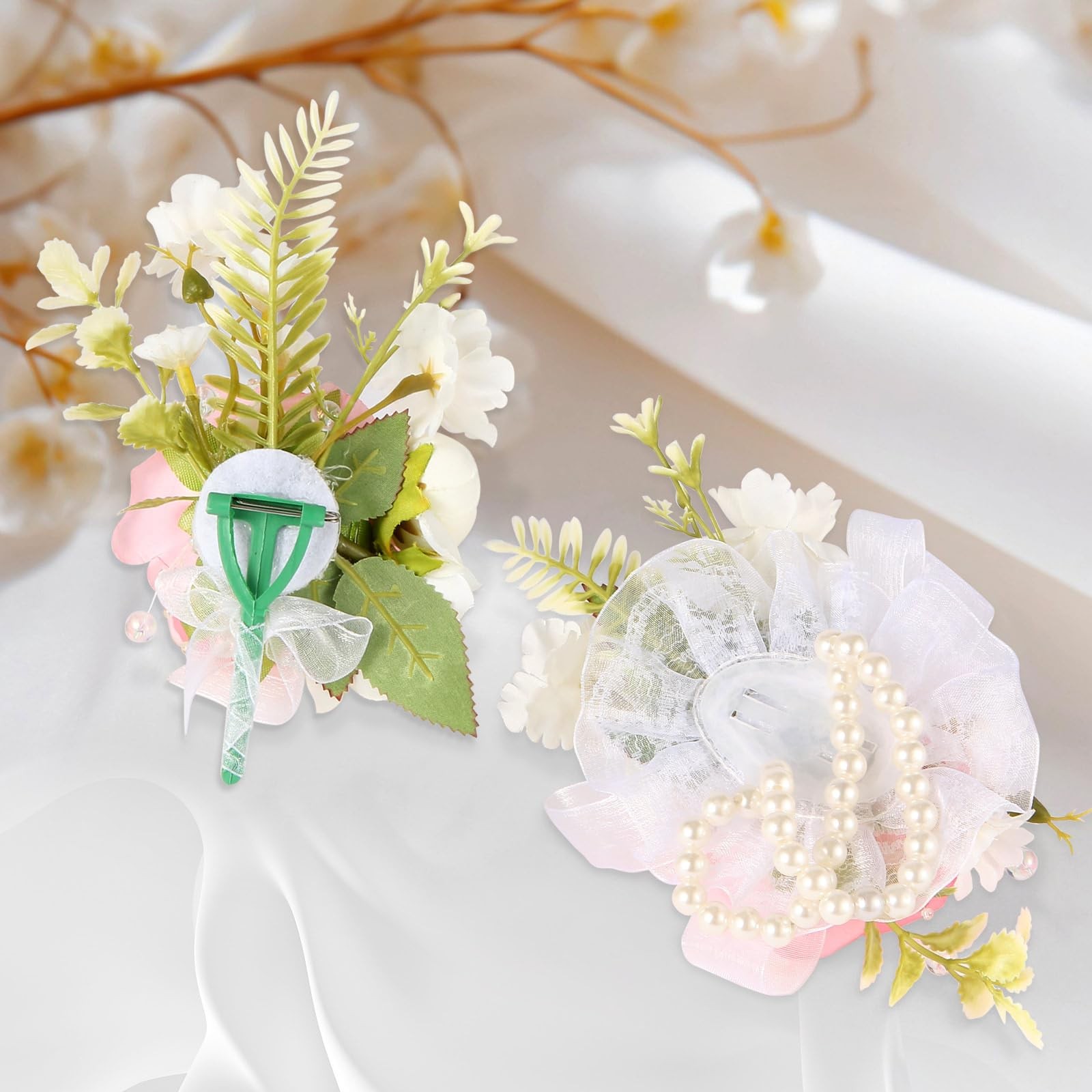1 Set Wrist Corsage Boutonniere Set Artificial Rose Pink Wedding Prom Party