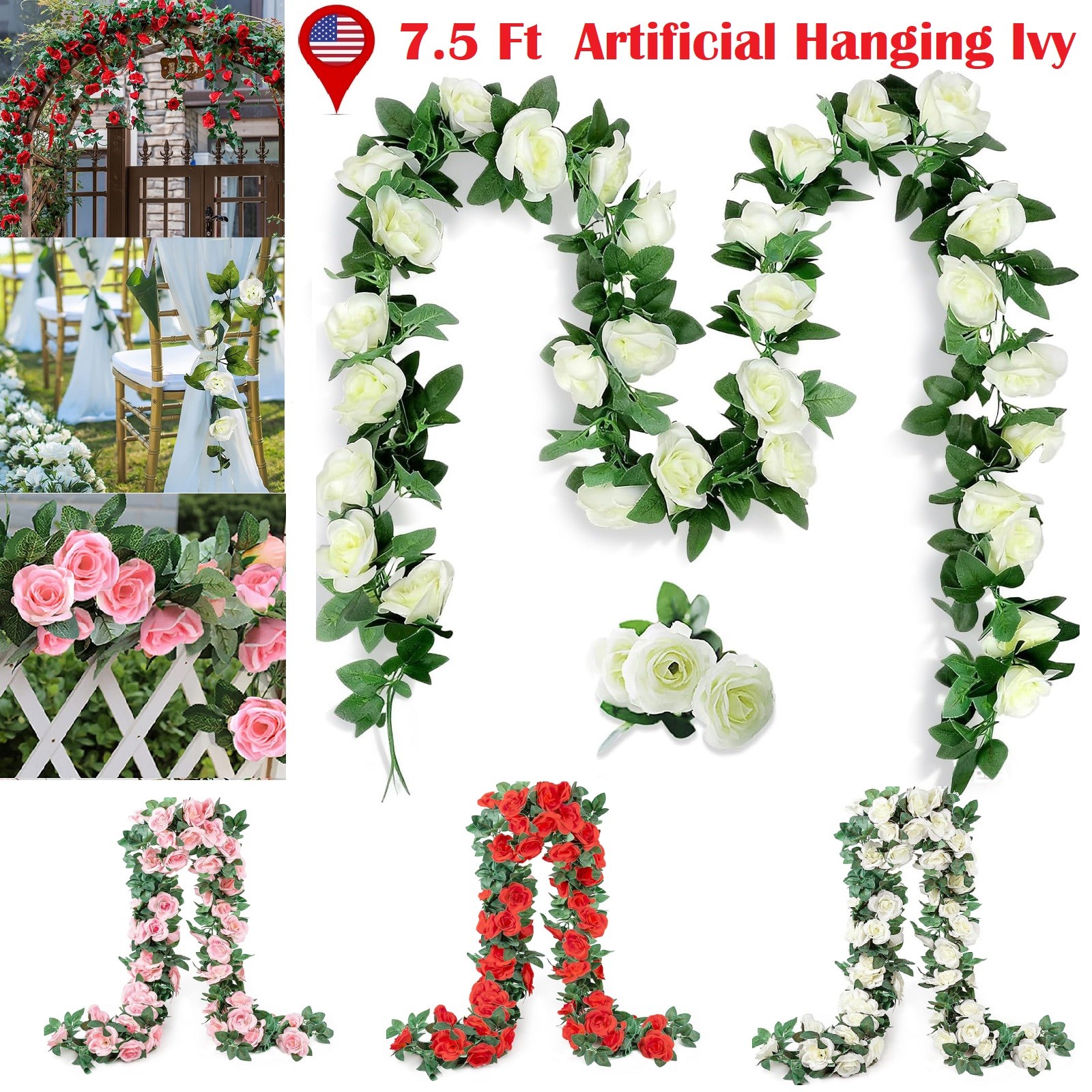 3Pcs Artificial Rose Vine Flowers w/Green Leaves Hanging Fake Roses Vine 7.5 ft