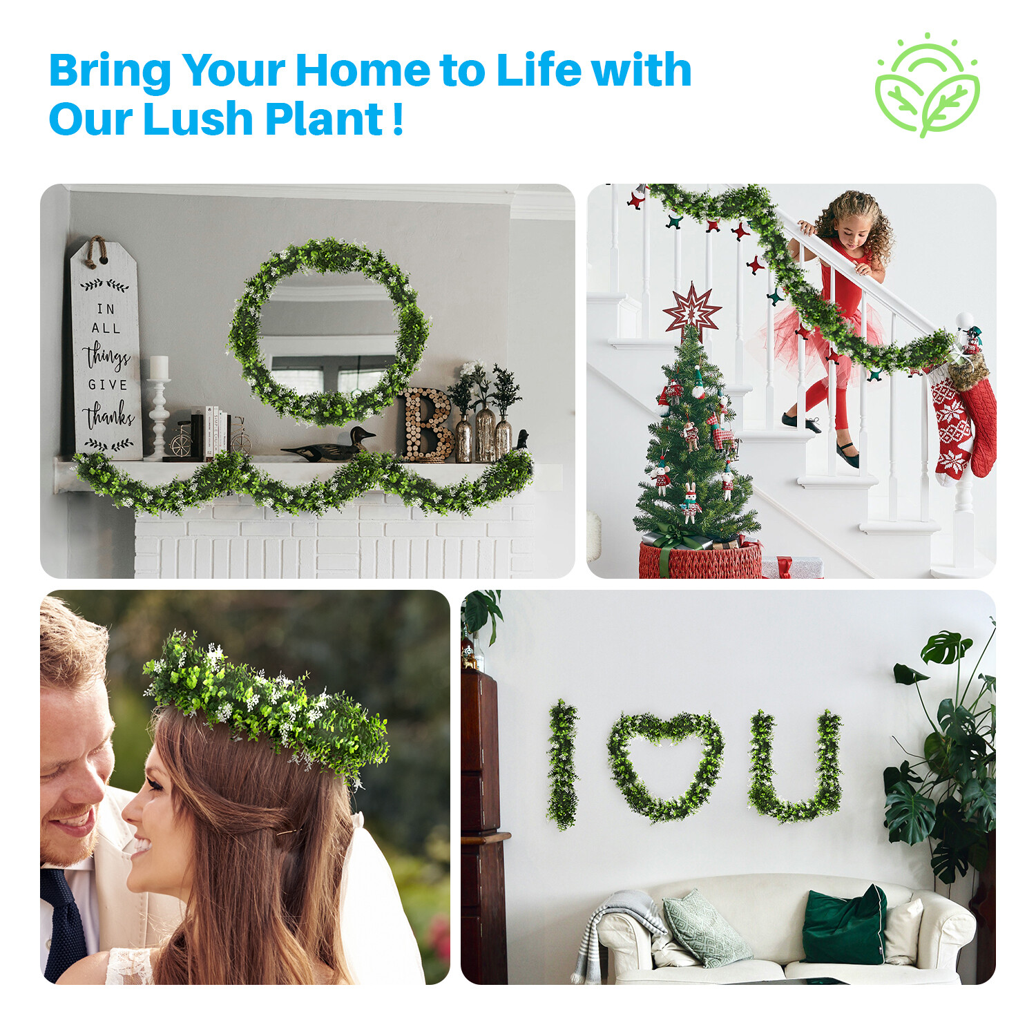 Patio Artificial Hanging Garland Faux Ivy Leaves Plants Vines, Green With White