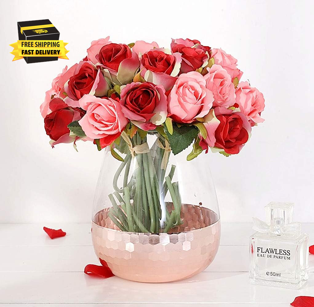 Artificial Roses Fake Flowers 12 Heads Arrangement Silk Bouquet for Home Office
