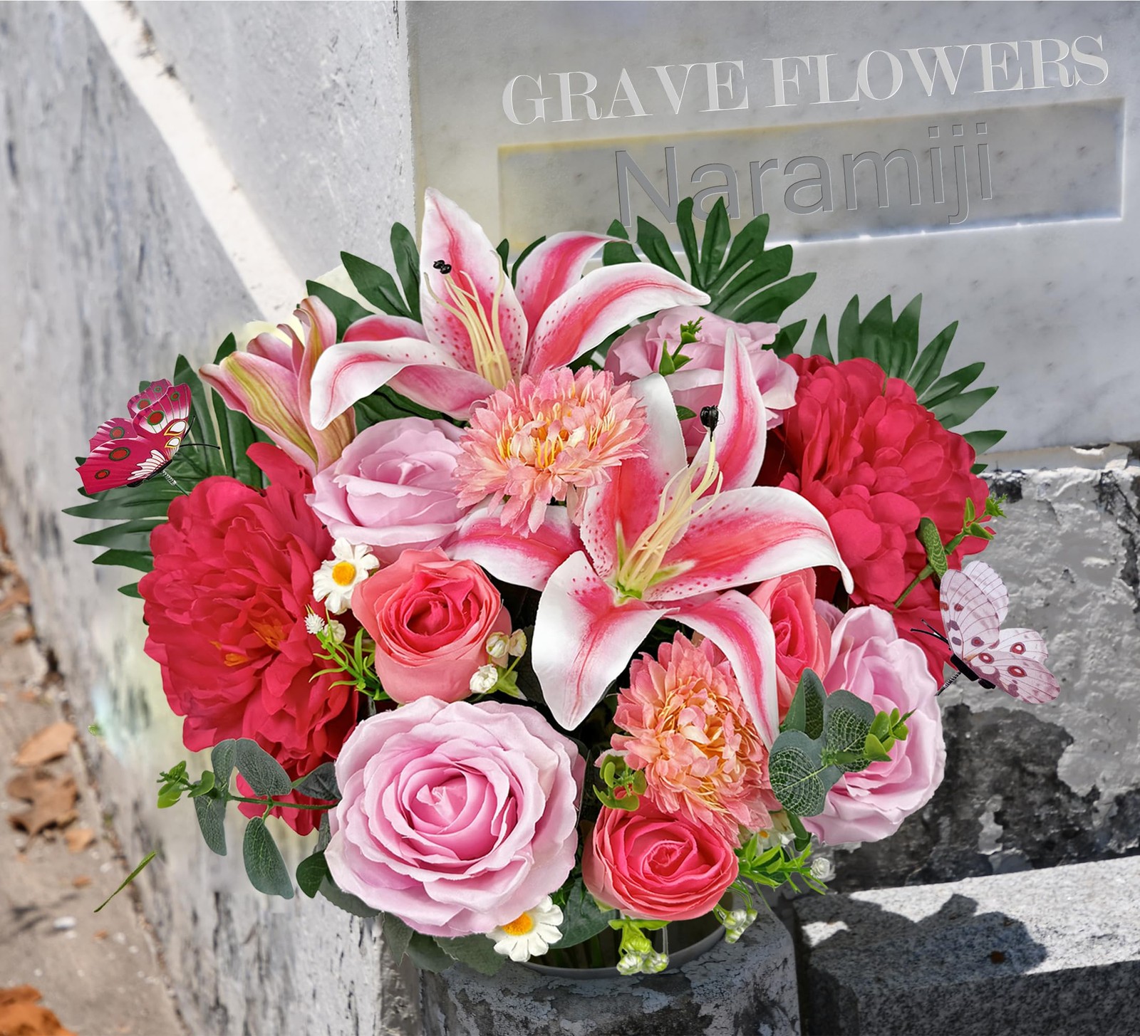 Colorfast Cemetery Flowers Grave Vase Pink Roses Headstone Sympathy Memorial