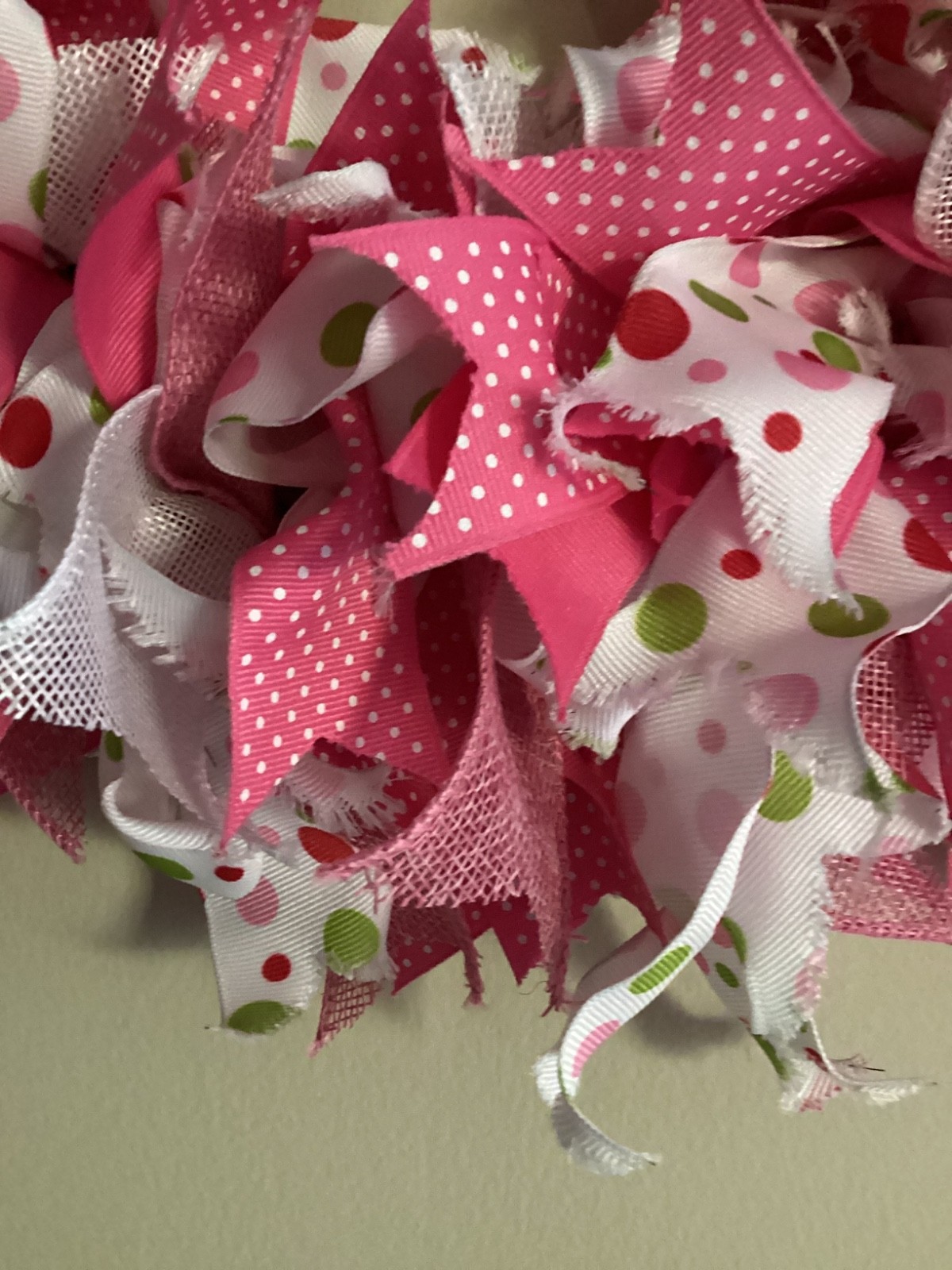 HANDMADE RIBBON RAG WREATH COTTAGE COTTAGECORE Polka Dots Pink Green 16 inches