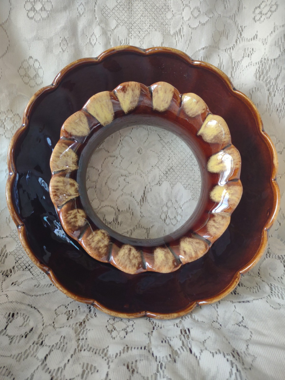 Vintage Ceramic Brown Drip Glazed Flower Ring Table Bowl