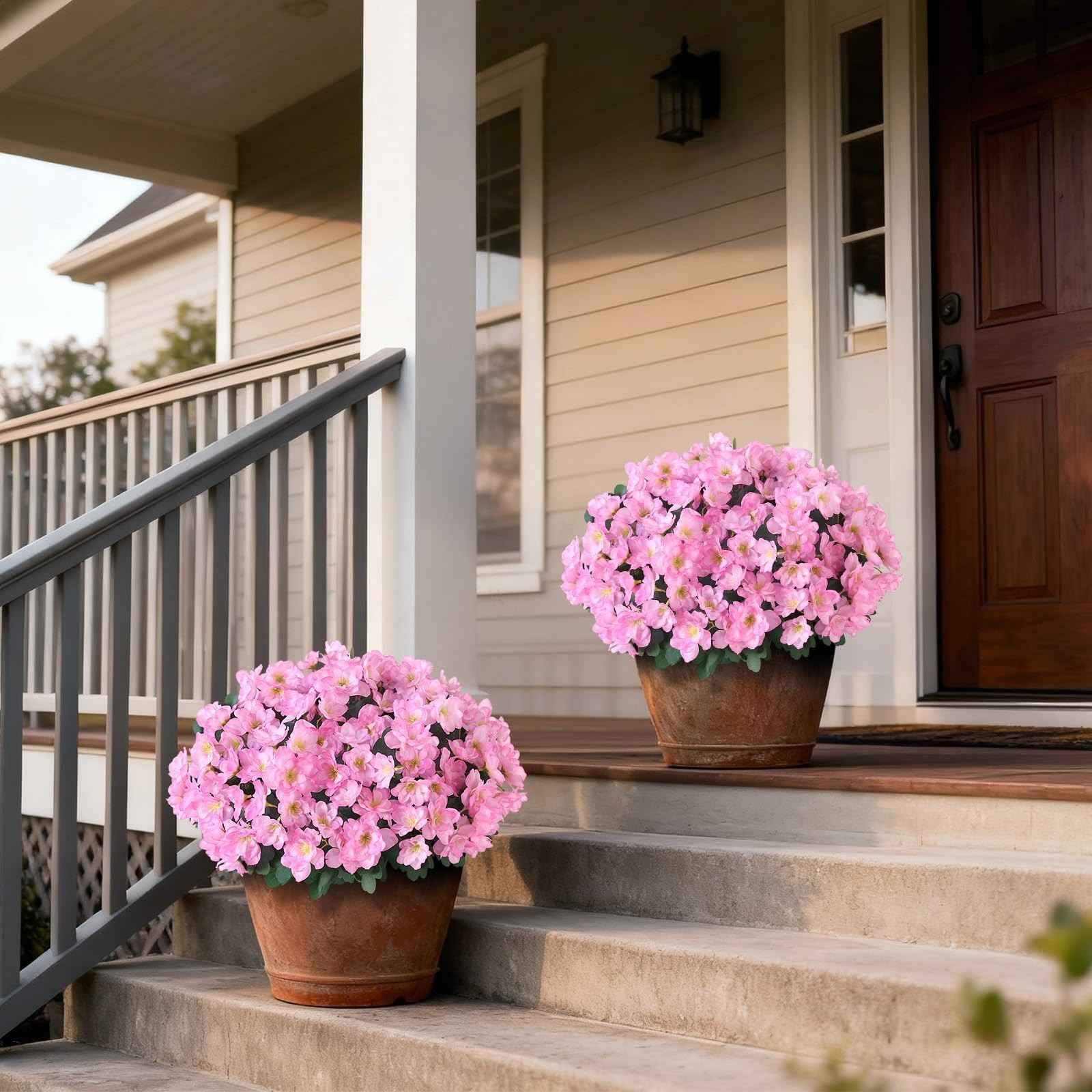Set of 2 Artificial Azalea Flower Topiary Trees – Fake Silk Flower Potted Pla…