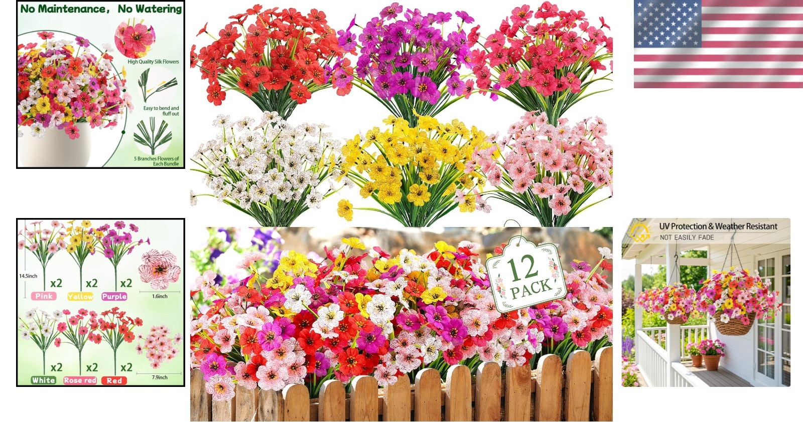 All-Season Vibrant Faux Flowers for Window Boxes & Patios – 12 Bundles Included