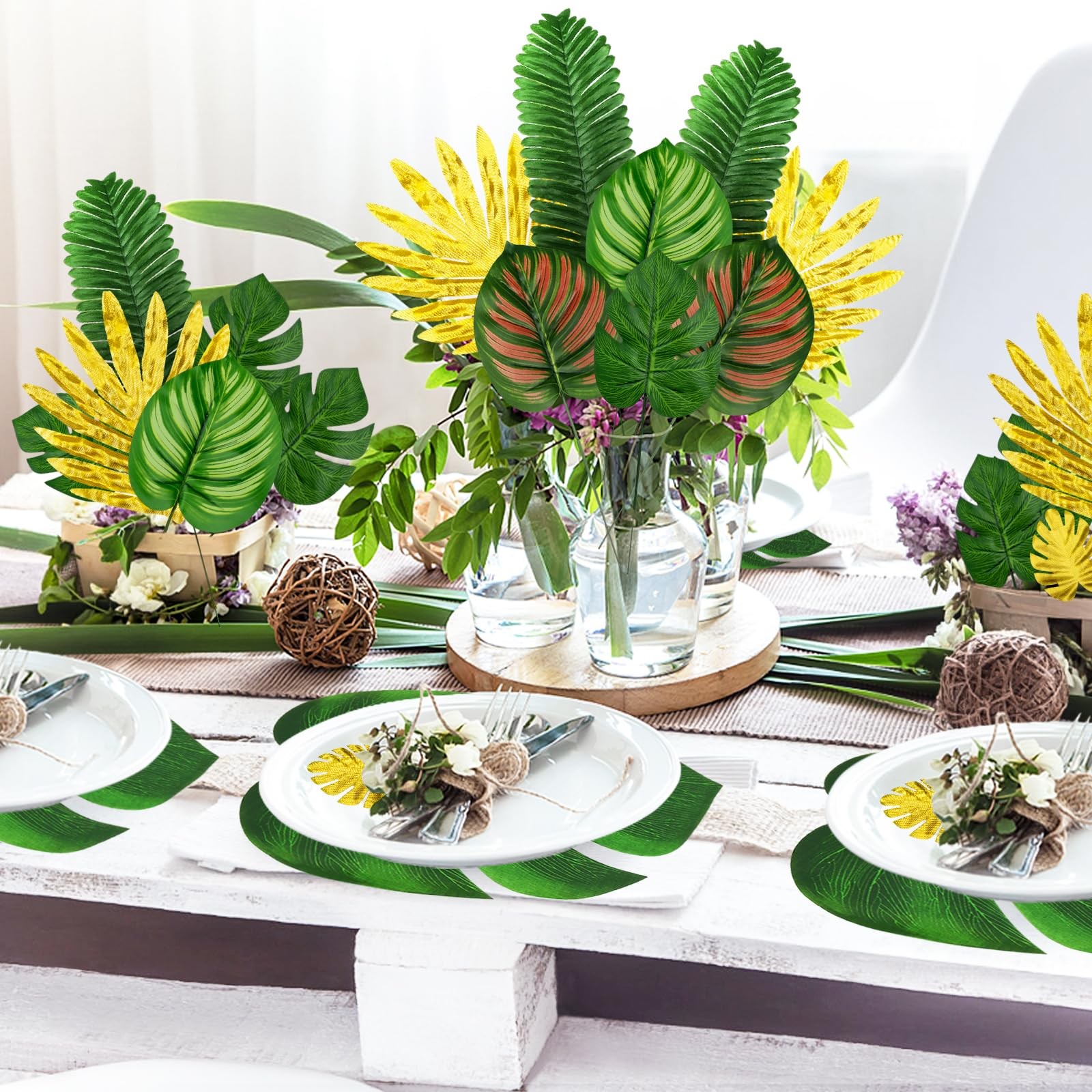 Jungle Party Decorations, 50 Pieces 8 Kinds Palm Leaves Artificial Tropical M…