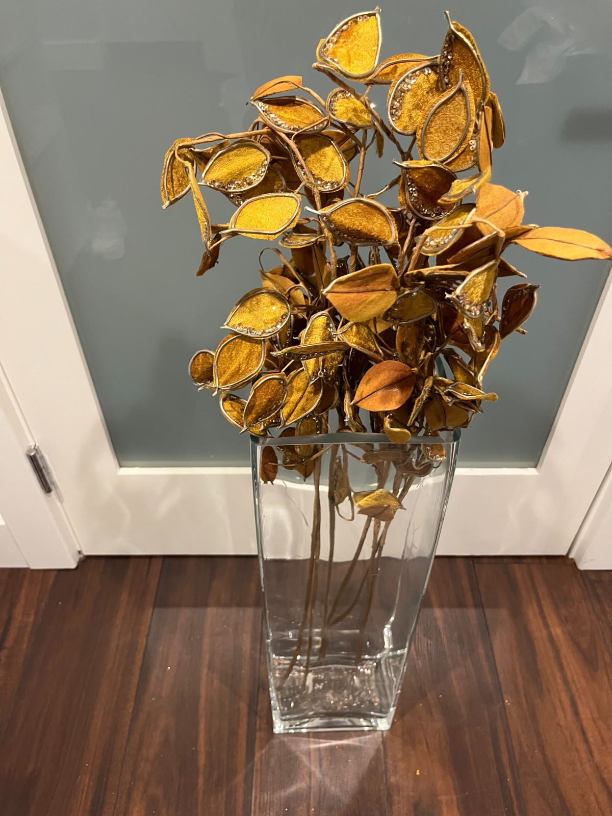 Mustard Gold Velvet Leaves with Gold Trim & Sequins – 34” Faux Flower Stem