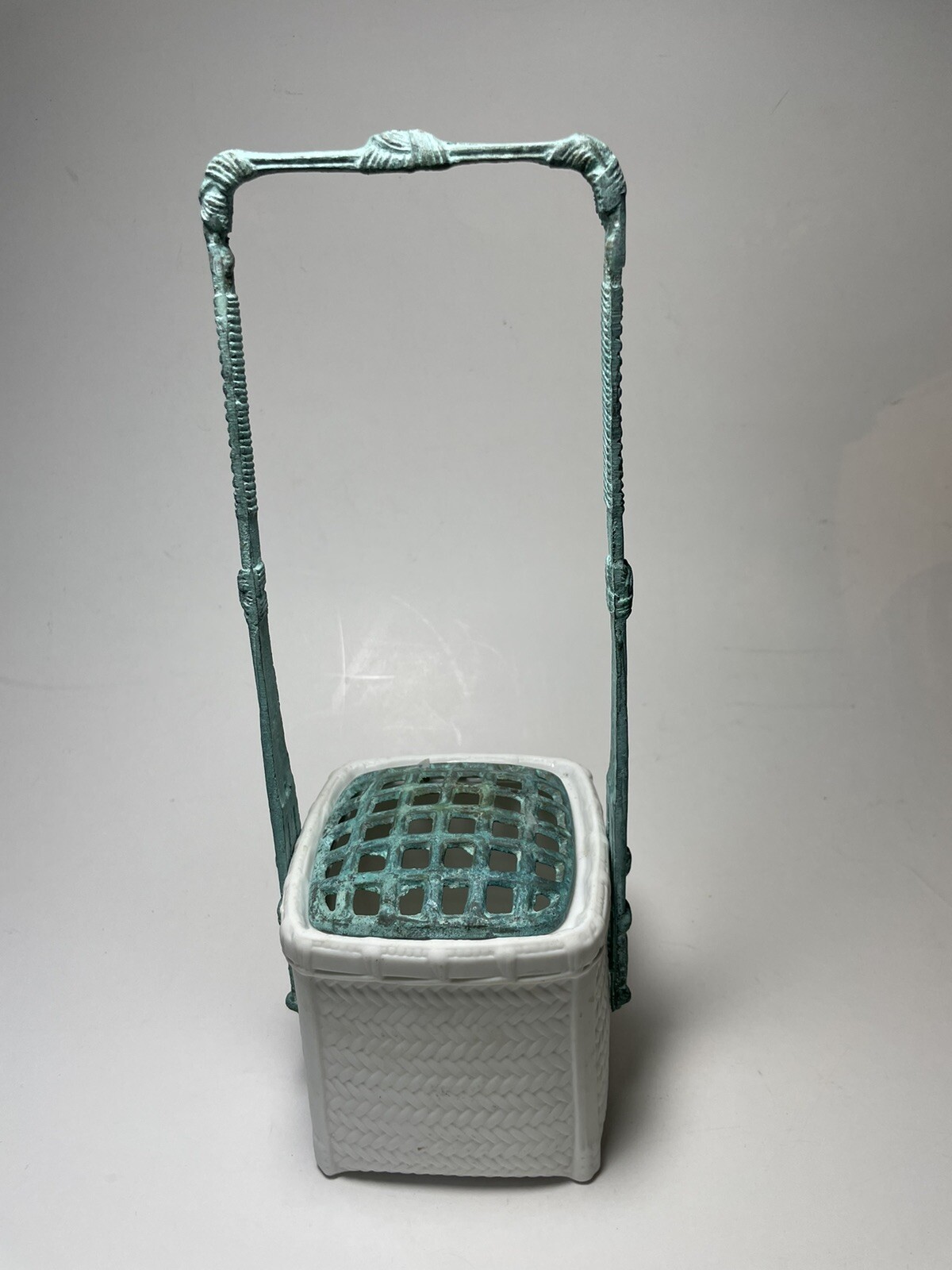 Department 56 Flower Arranger Basket Ceramic with Metal Handle Verdigris 11.5”