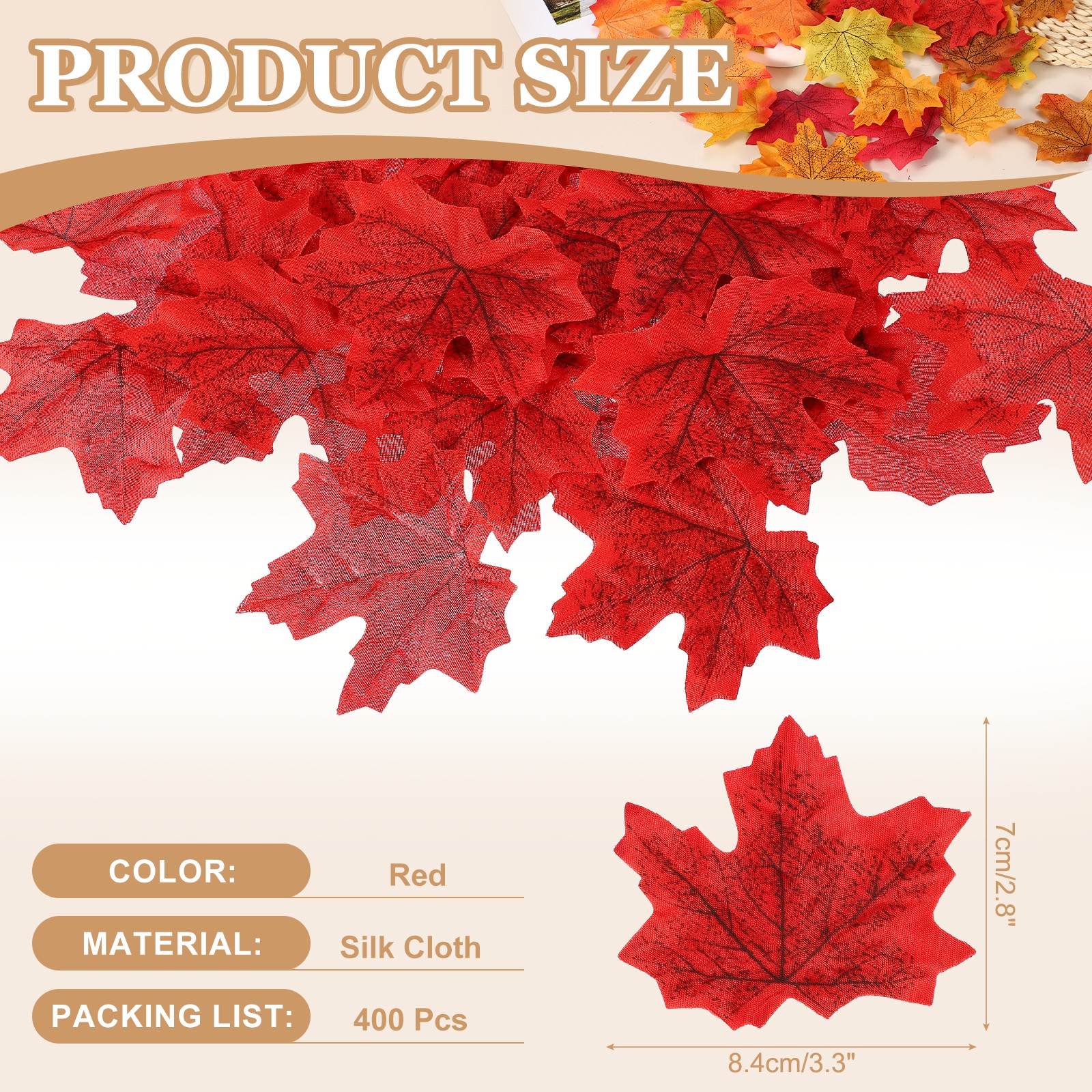 400Pcs Fall Leaves 3.3 Inch Colored Mixed Fake Leaf, Red