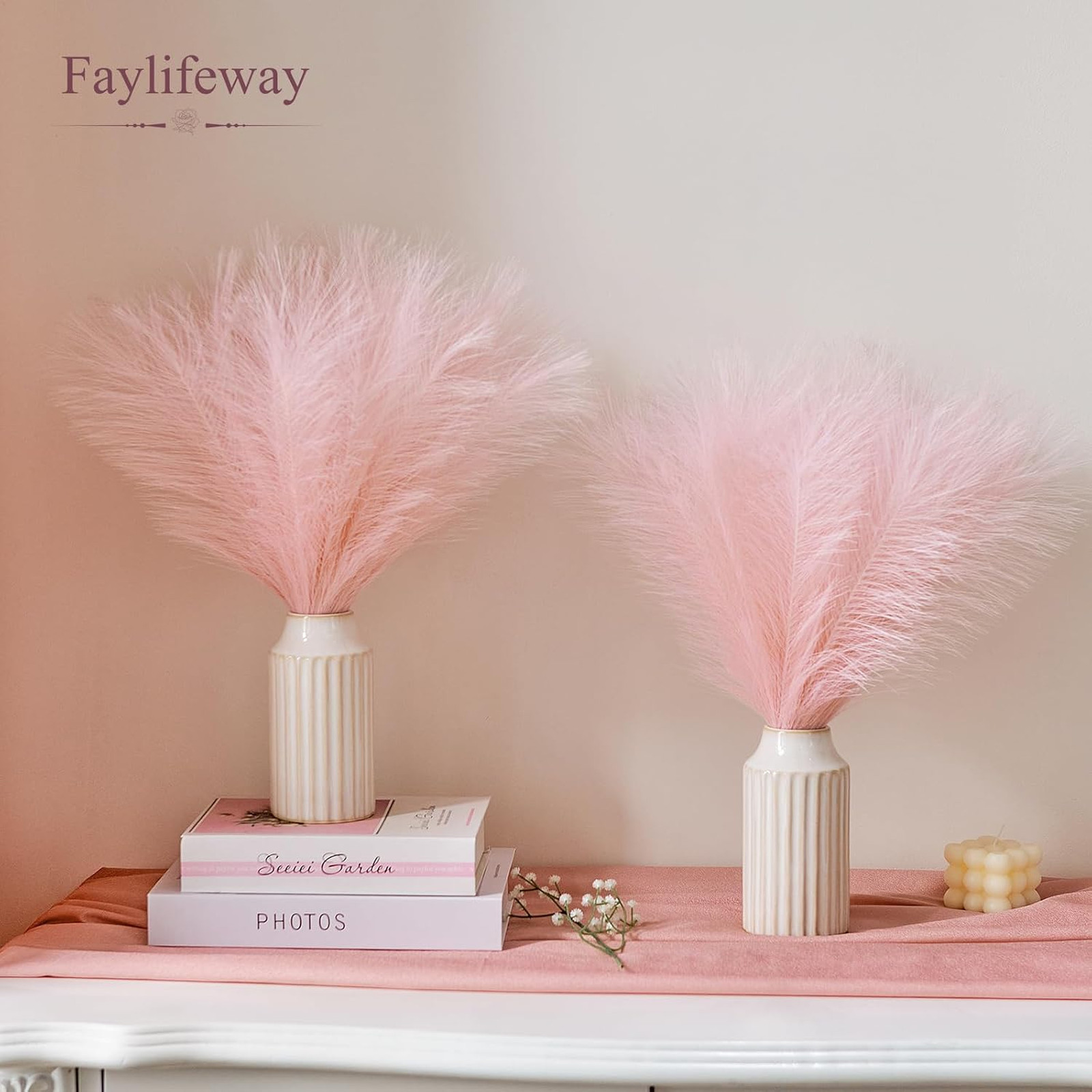 50 Pcs Artificial Pampas Grass Stems Pink Fluffy Decor for Living Room Wedding