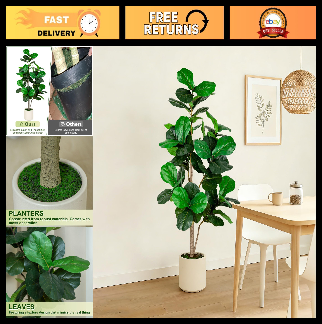 5FT Fiddle Leaf Fig Artificial Tree with White Planter Pot – Faux Floor Plant fo