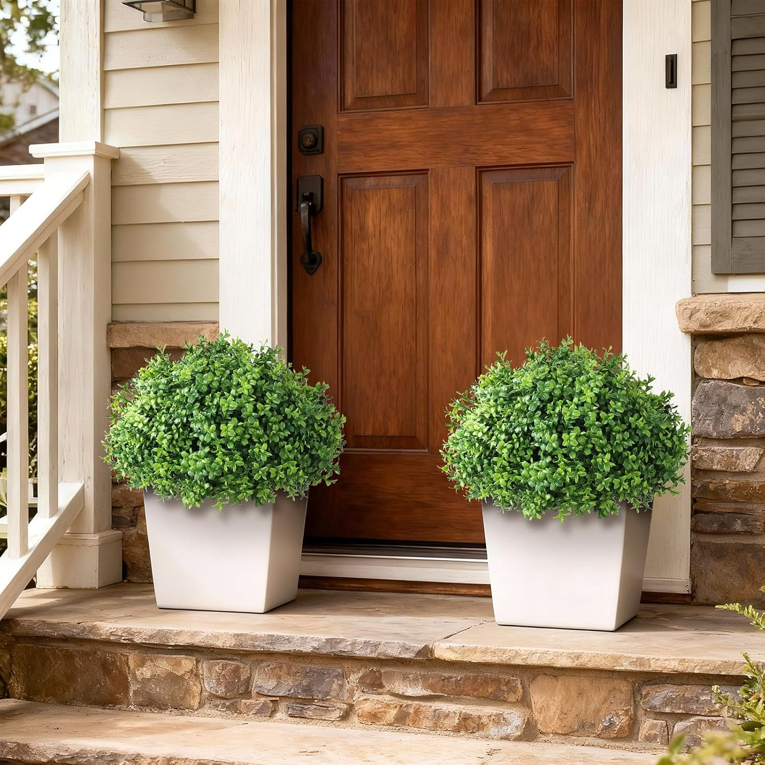 Set of 2 Artificial Boxwood Topiary Ball Trees UV Resistant Potted Plants