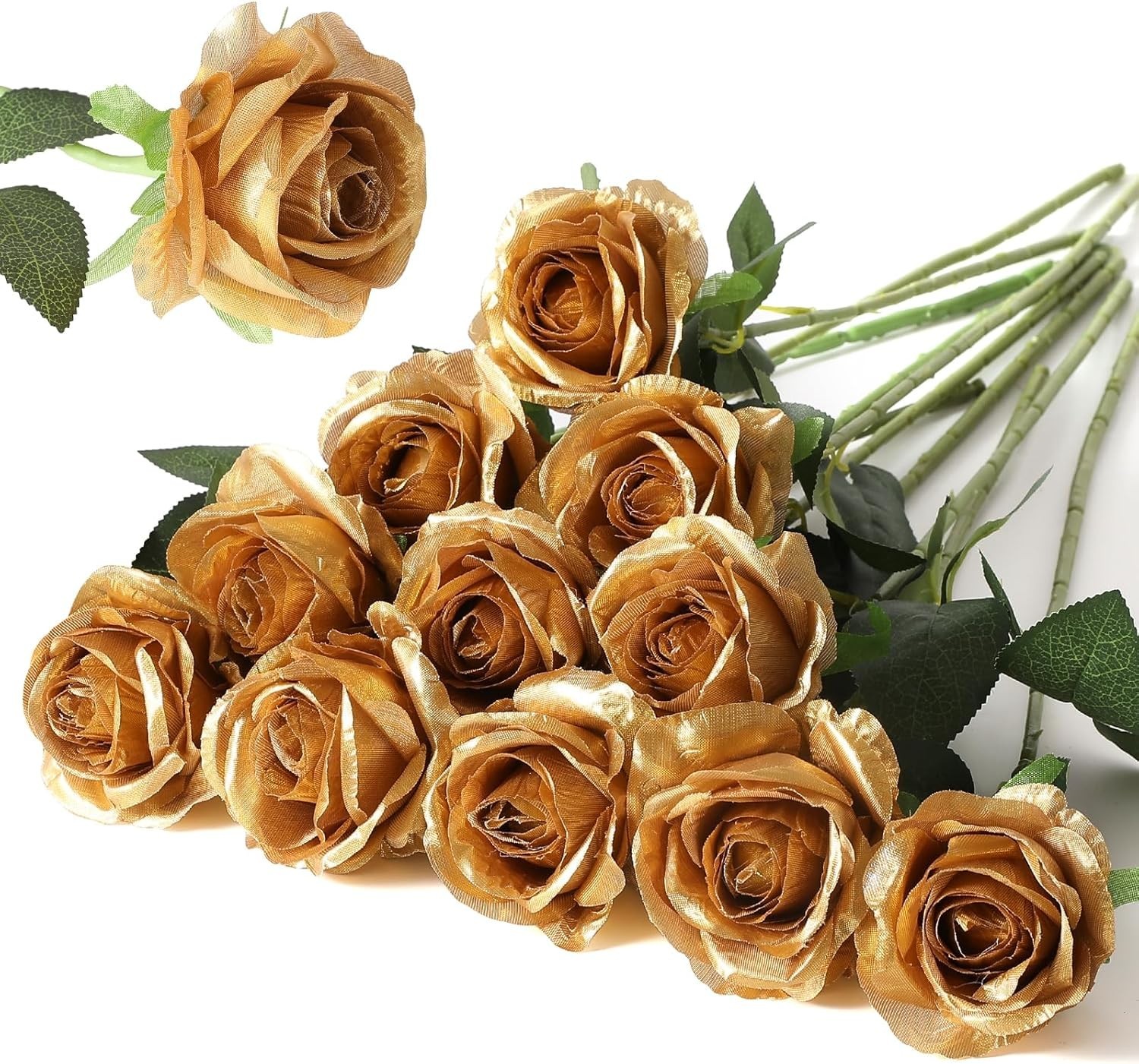 Lifelike Artificial Roses – 12pcs Long Stem Bouquet Gold