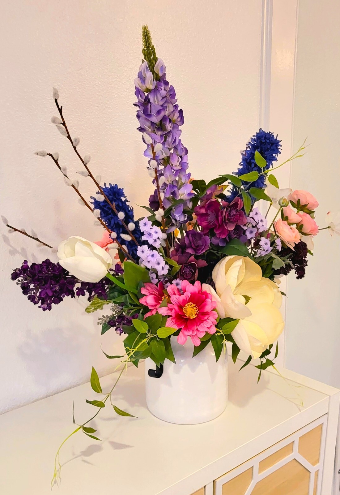 “Wildflower Meadow” Colorful Faux Floral Arrangement w/ Large Southern Magnolia