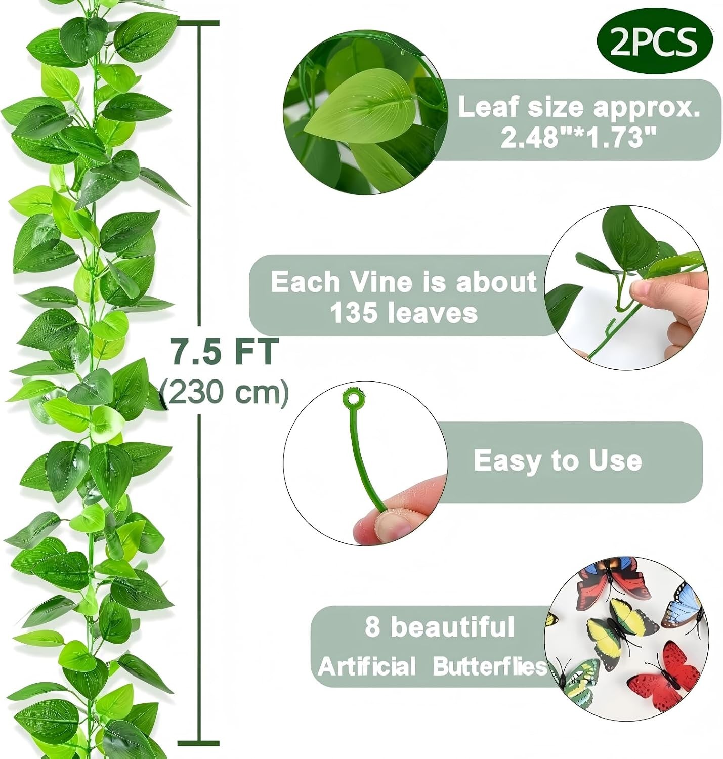 2Pcs Fake Vines Artificial Ivy Garland with Faux Pothos Leaves | Fake Plants