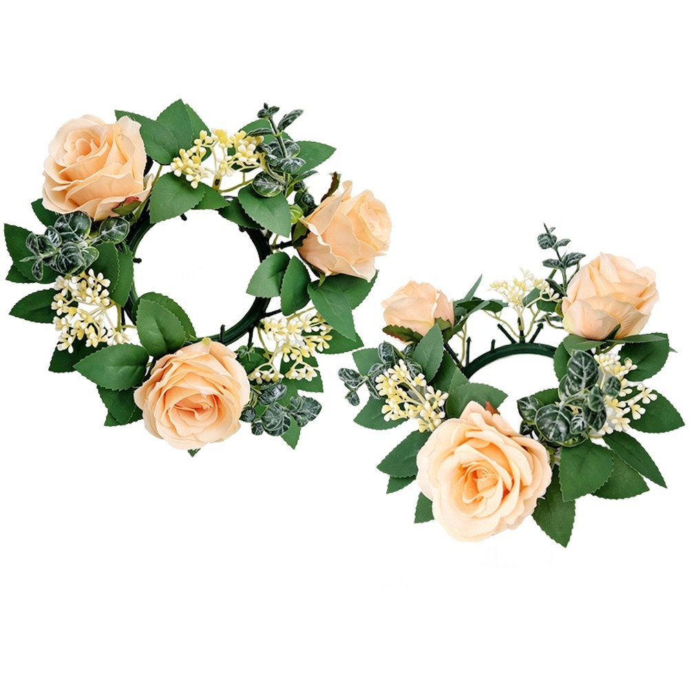 Romantic Silk Rose Wreath 22cm with Candle Holder for Wedding Table Centerpiece