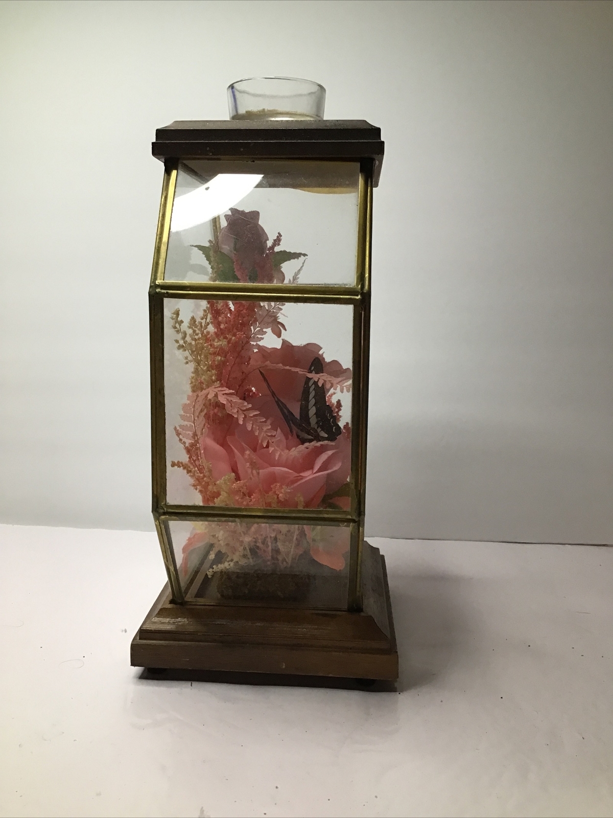 Display Case w Tea Lite Holder Pink Silk Flowers Wood and Brass Vintage