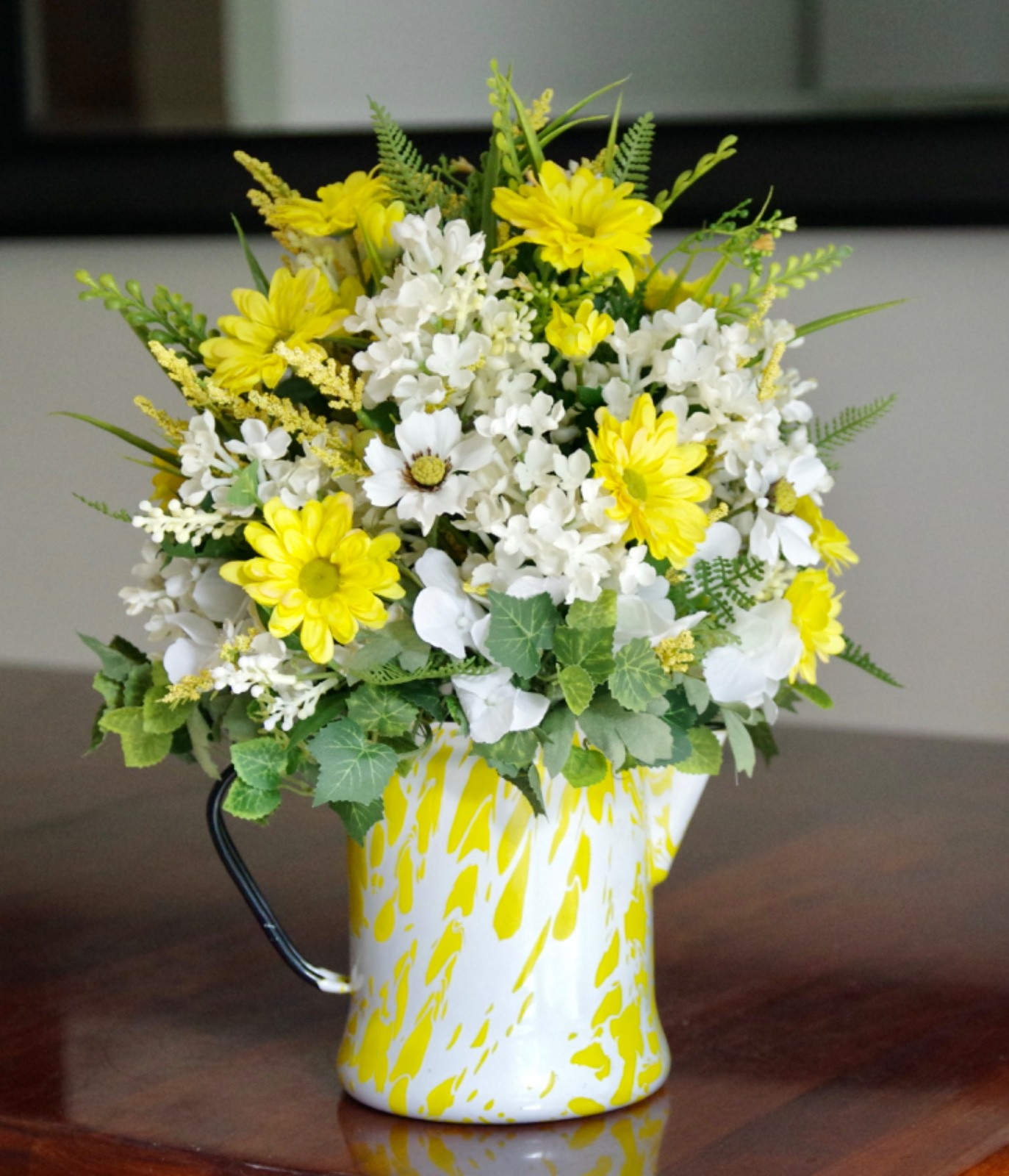 Vintage Enamel Yellow & White Coffee Pot Silk Yellow Daisies & Blue Delphinium