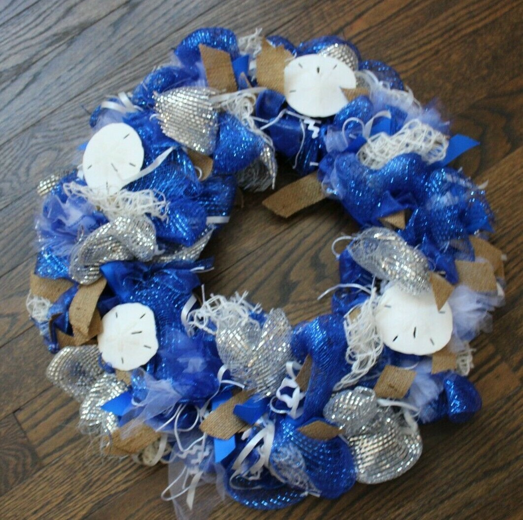 All Occasion Sea Ocean Beach Sand Dollar Door Wreath Blue Silver White 25″ dia