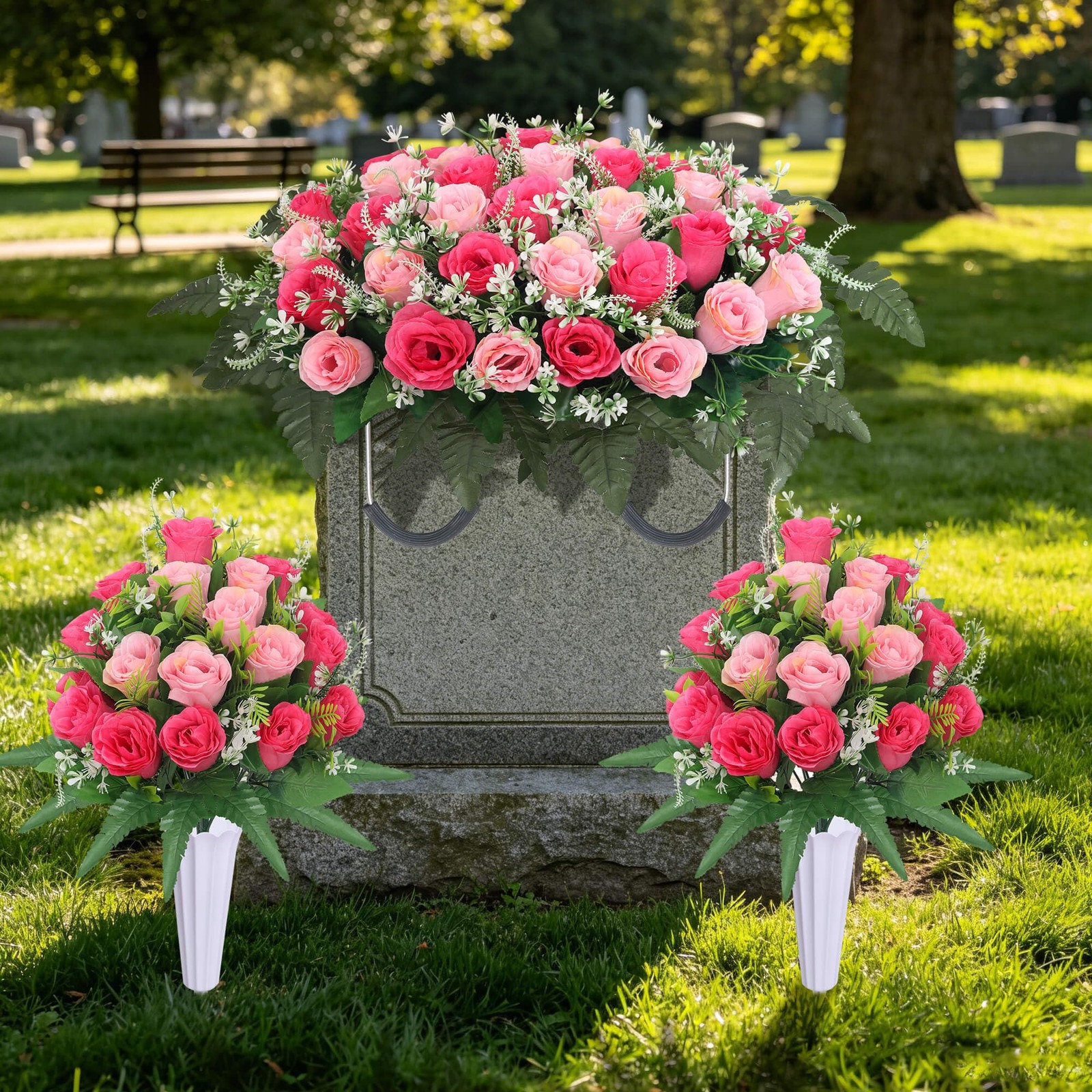 Lodou 3 Sets Cemetery Flowers for Grave,Headstone Flower Saddle,Grave Memorial F
