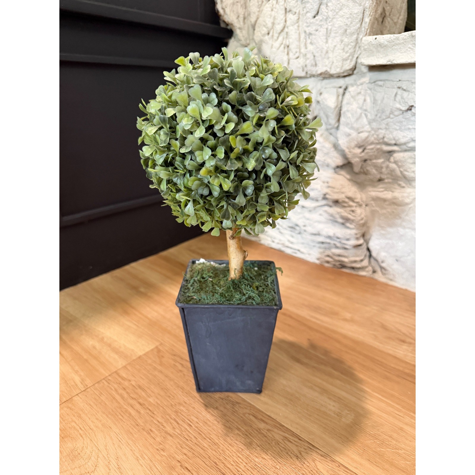 Faux Boxwood Topiary Ball Tree in Black Square Pot Artificial Potted Plant 13in