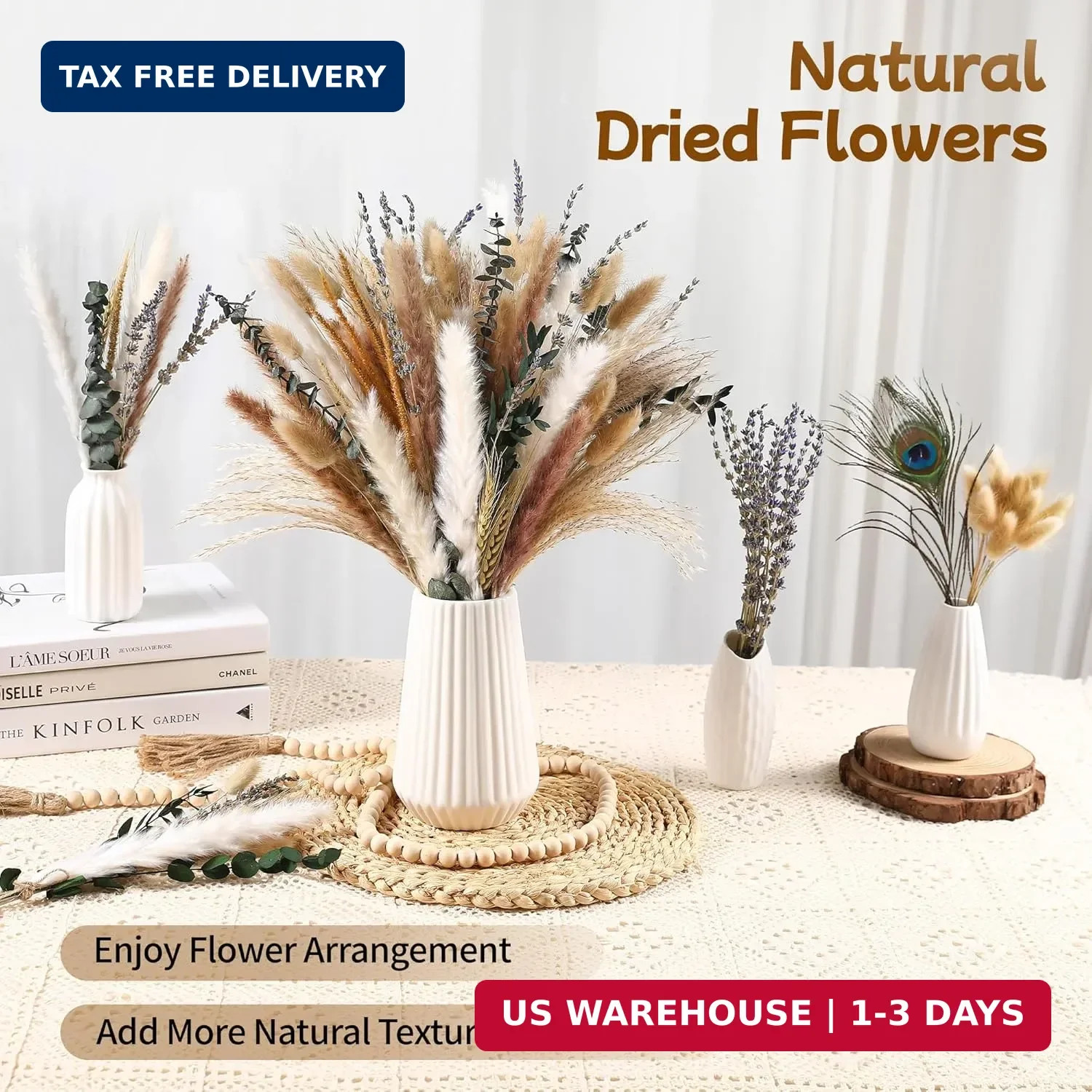 Bpole Dried Pampas Grass Bouquet – 92 Pcs 11-13 inch Pampas Grass Decor with Bun