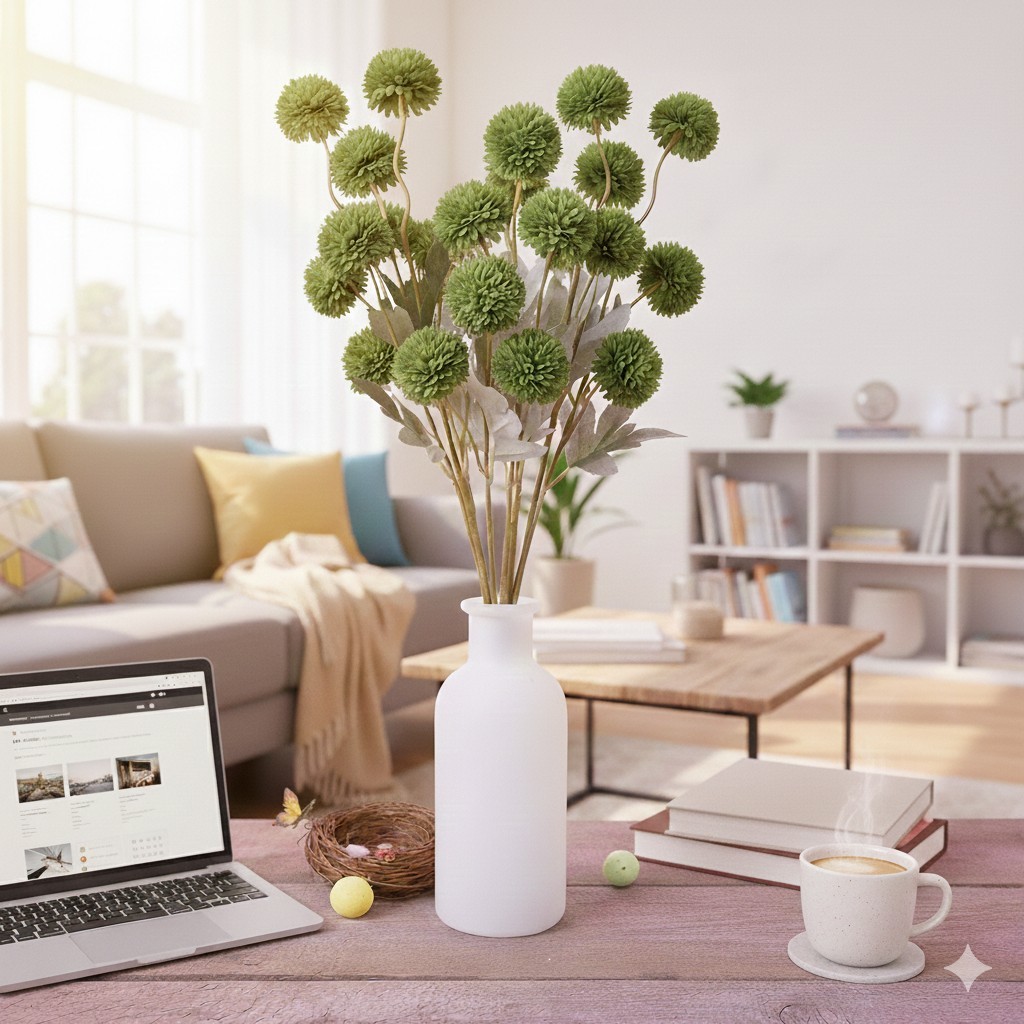 Green Pom Pom Mum Artificial Flowers 9 Stems – Unique Valentine’s Day Gift Decor