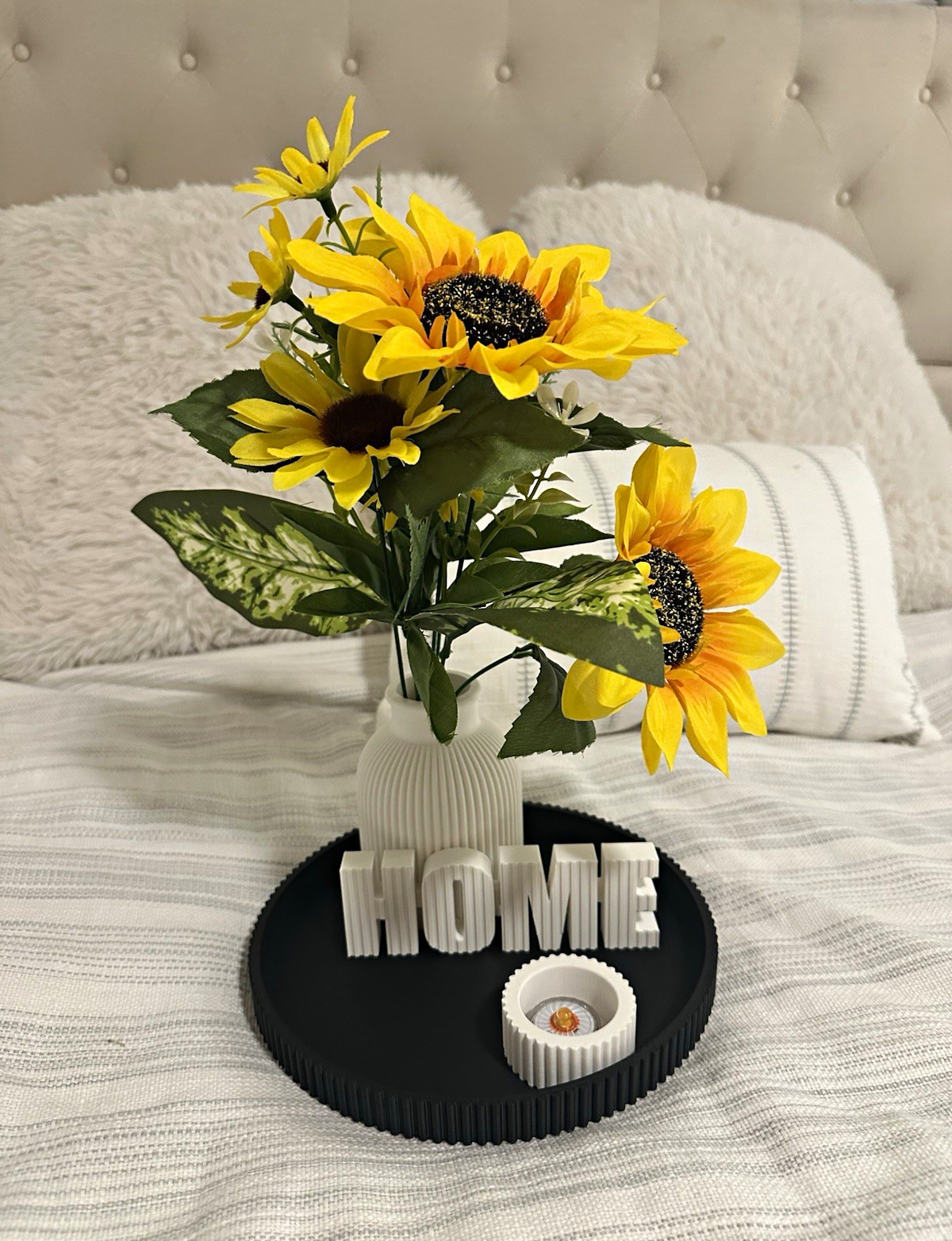 Artificial Sunflower Arrangement in White Vase w/ Black Tray HOME Decor Tealight