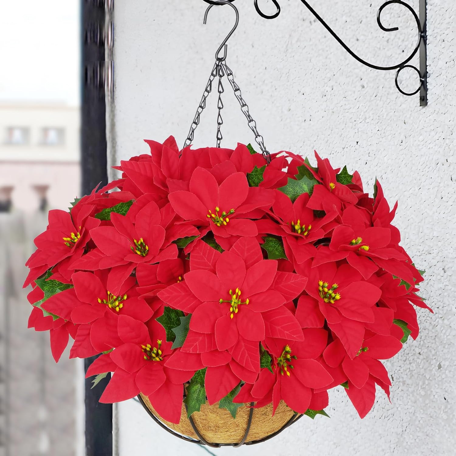 Hanging Red Poinsettias with Basket – UV Resistant Xmas Decor for Outdoors