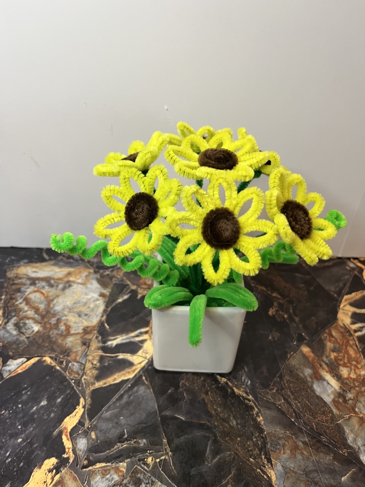 Pipe Cleaner Sunflowers – Mini Bouquet in White Ceramic Pot