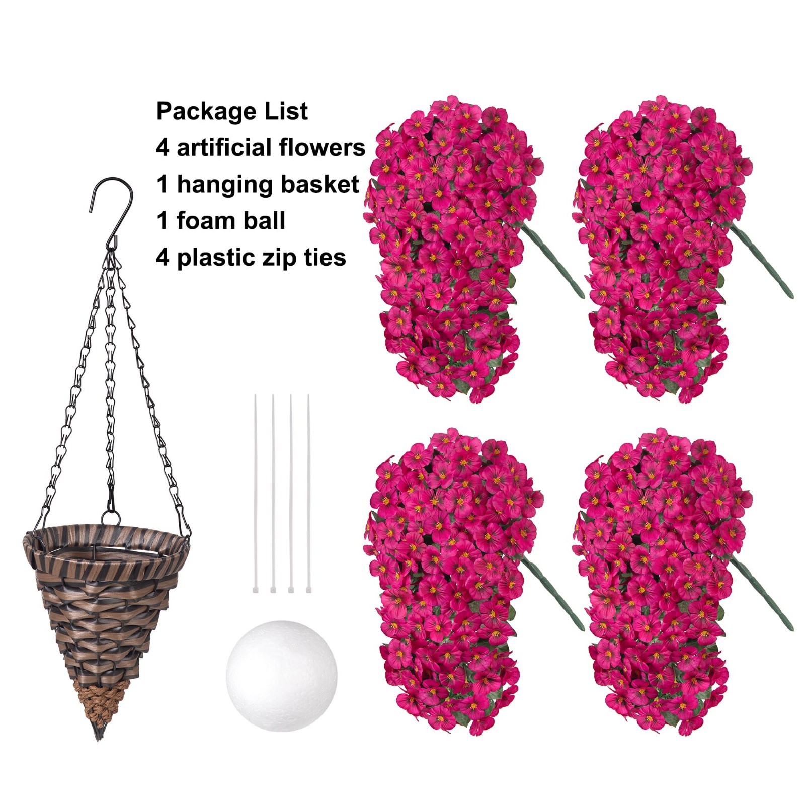4pcs UV Resistant Artificial Pansy Flowers in Hanging Basket – Silk Faux Spring