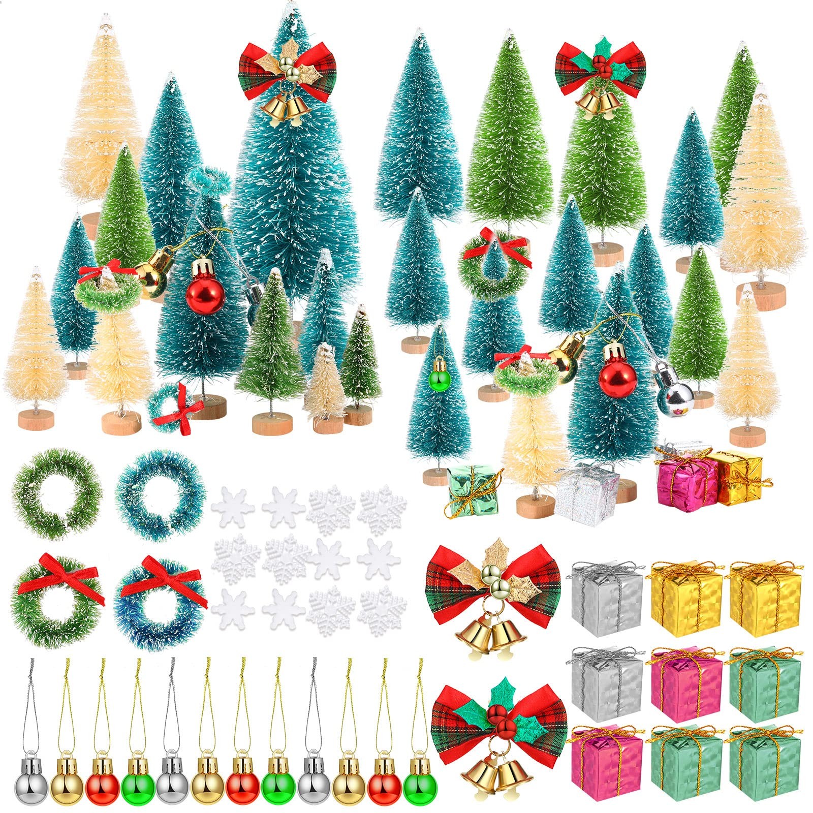 67 PCS Miniature Christmas Trees Set Artificial Bottle Brush Mini Sisal Wood