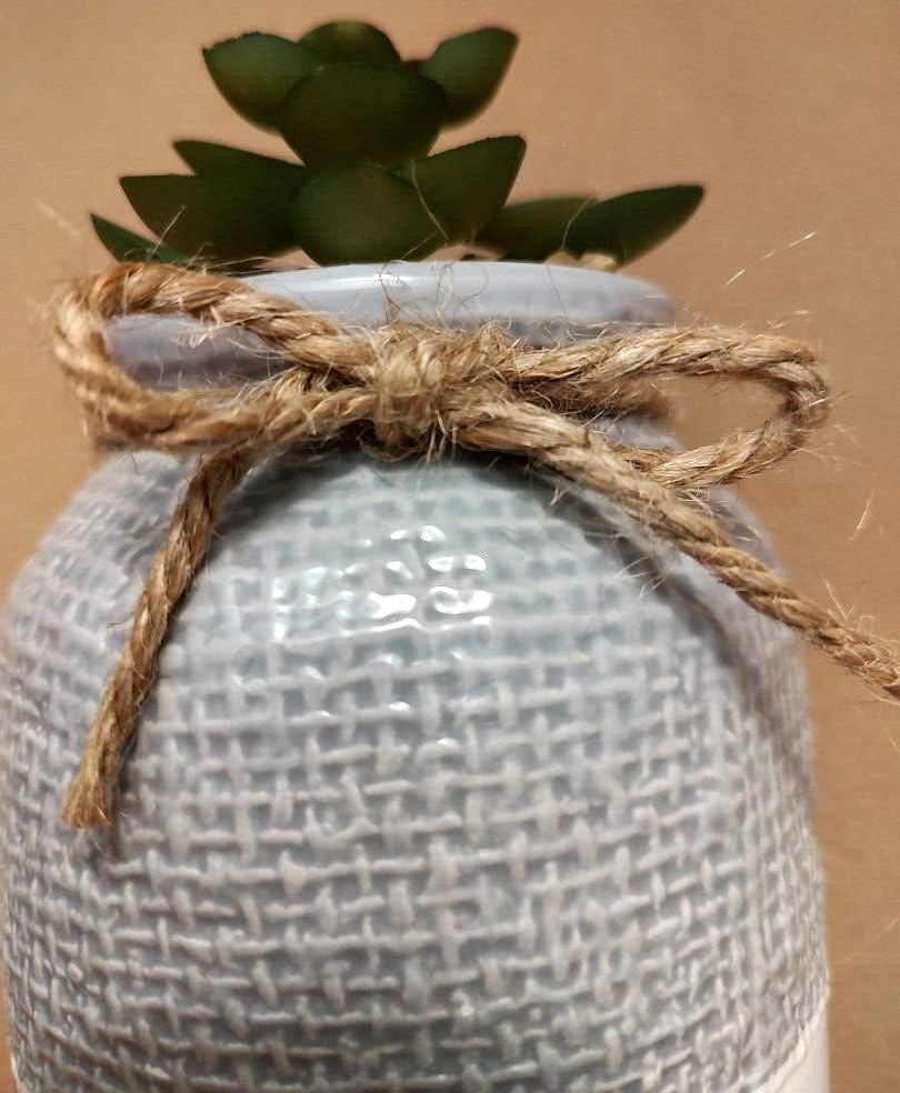 Rustic Ceramic Succulent Vase Jute Bow Textured Gray & White Planter Home Decor