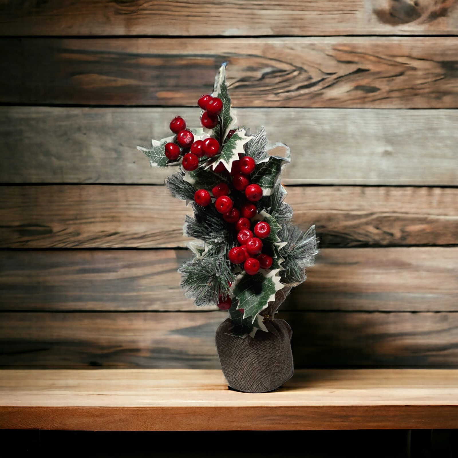 Home Decor Plant Artificial Holly Berries Pine Ivy Greenery In Burlap Winter 11″