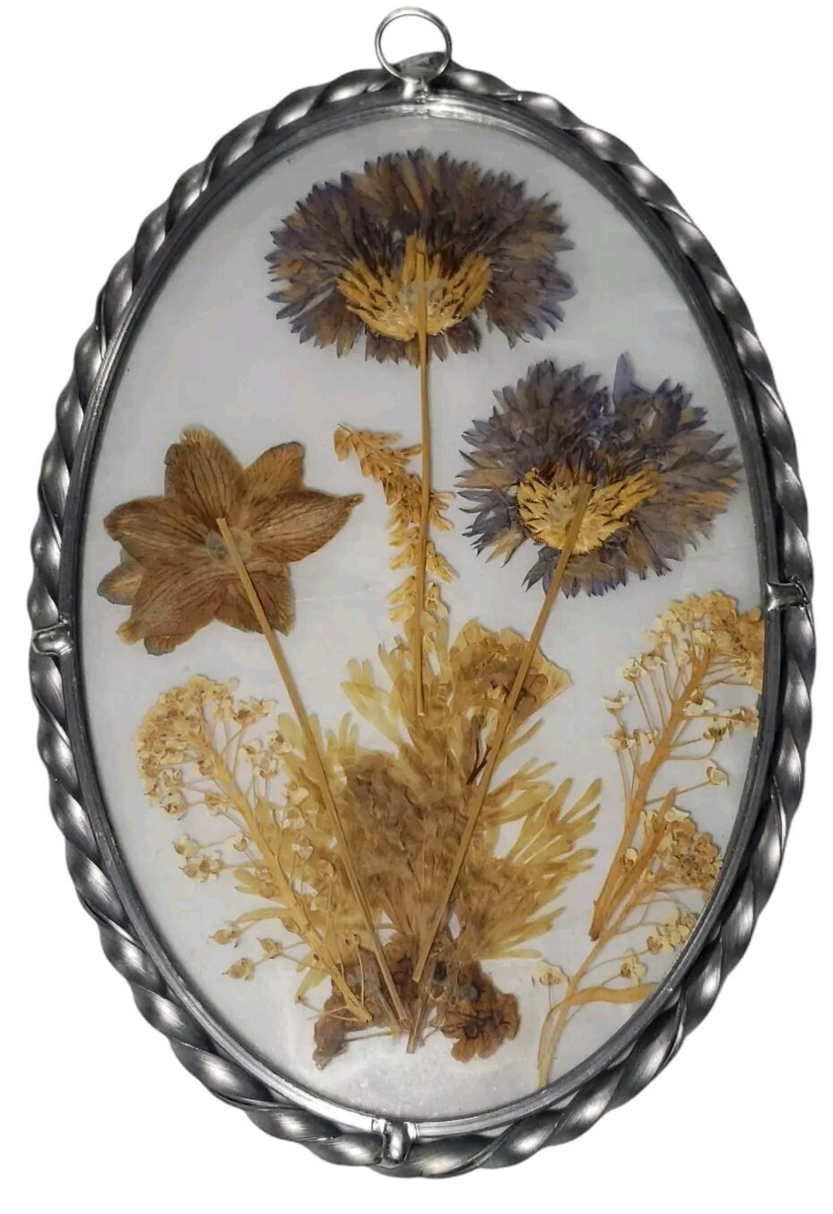 Vintage Lasting Impressions Real Dried Pressed Flowers In Glass W/ Pewter Frame