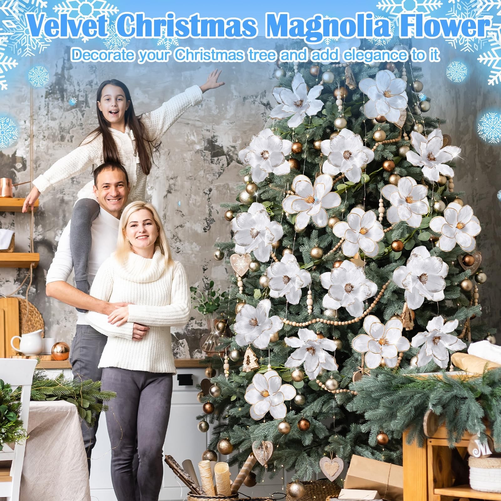 12 Pcs 9 Inch Large Velvet Christmas Magnolia Flower White Artificial Decor